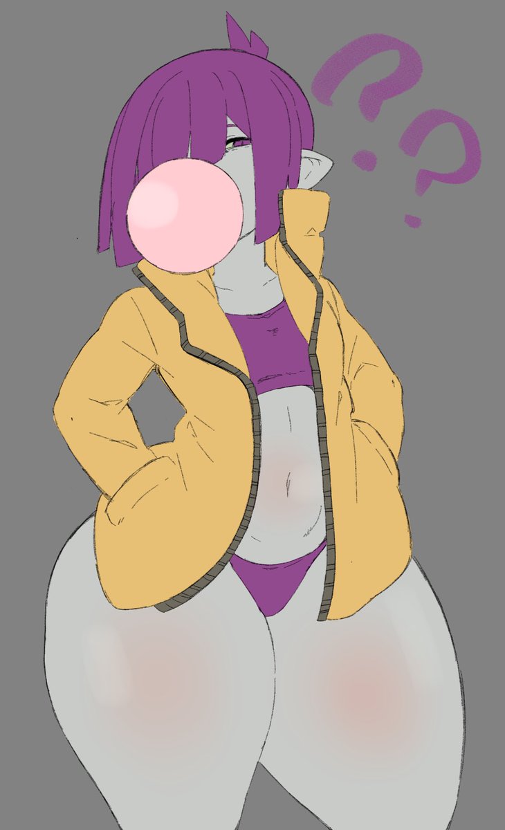 1girls 2022 ?? bandeau bare_midriff blowing_bubblegum bubble_gum clothing coat grey_background grey_body hands_in_pockets oc original original_character panties peony_(vammzu) purple_bandeau purple_hair purple_panties short_hair shortstack thick_thighs vammzu yellow_coat