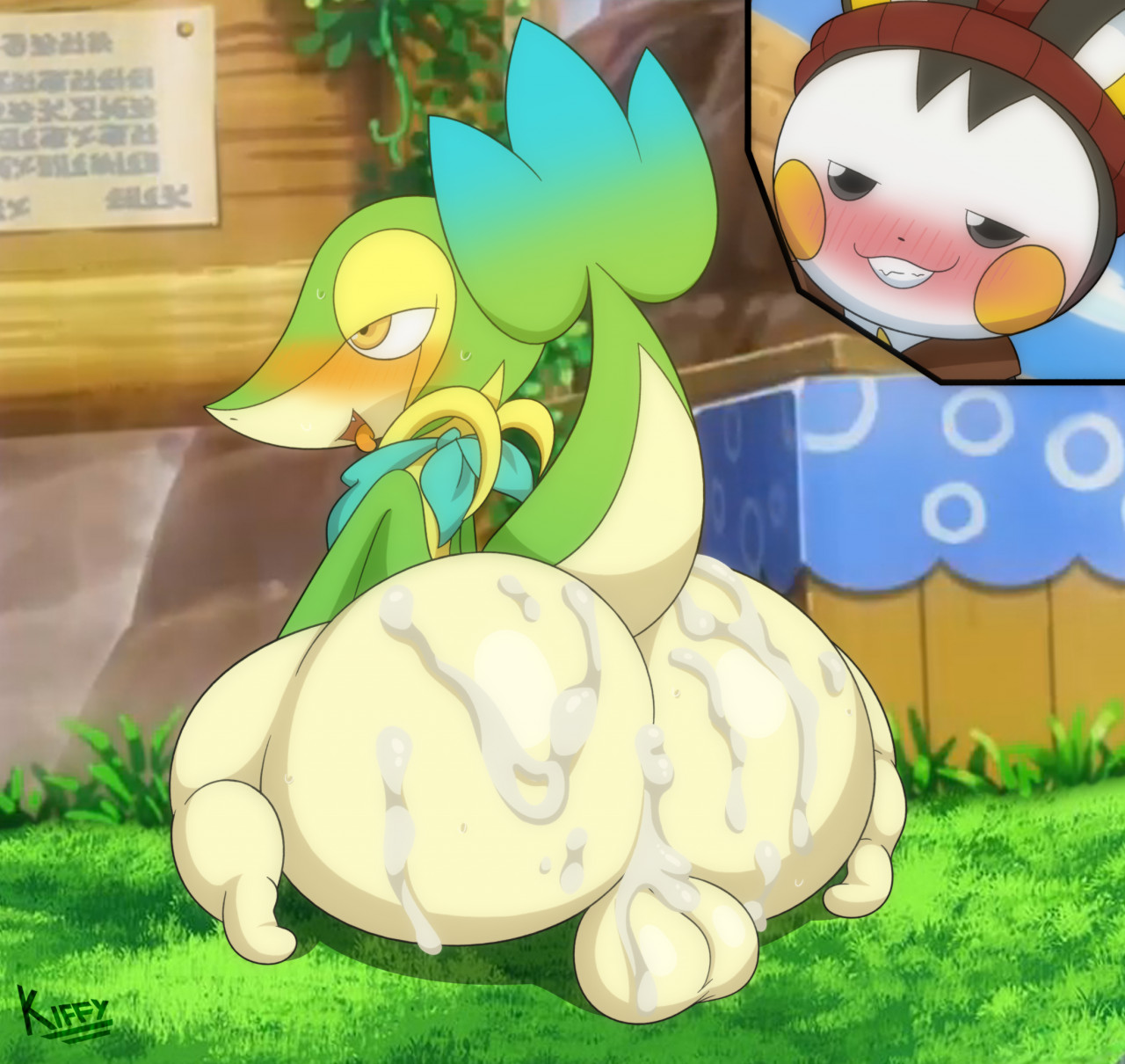 after anal, after sex, ahe gao, anthro, ass, ass focus, backsack, balls, ballsack, big ass, black eyes, blush, bottom heavy, cum, cum in ass, cum on ass, cute fang, emolga, fat ass, femboy, game freak, girly, green body, grin, half-closed eyes, huge ass, kerchief, kiffy (artist), kneeling, male, male only, neckerchief, nintendo, nude, open mouth, outdoors, pokemon, pokemon (species), pokemon mystery dungeon, pokemon on pokemon, raised tail, smile, snivy, sweat, tagme, tail, teeth, tongue, tongue out, yellow eyes
