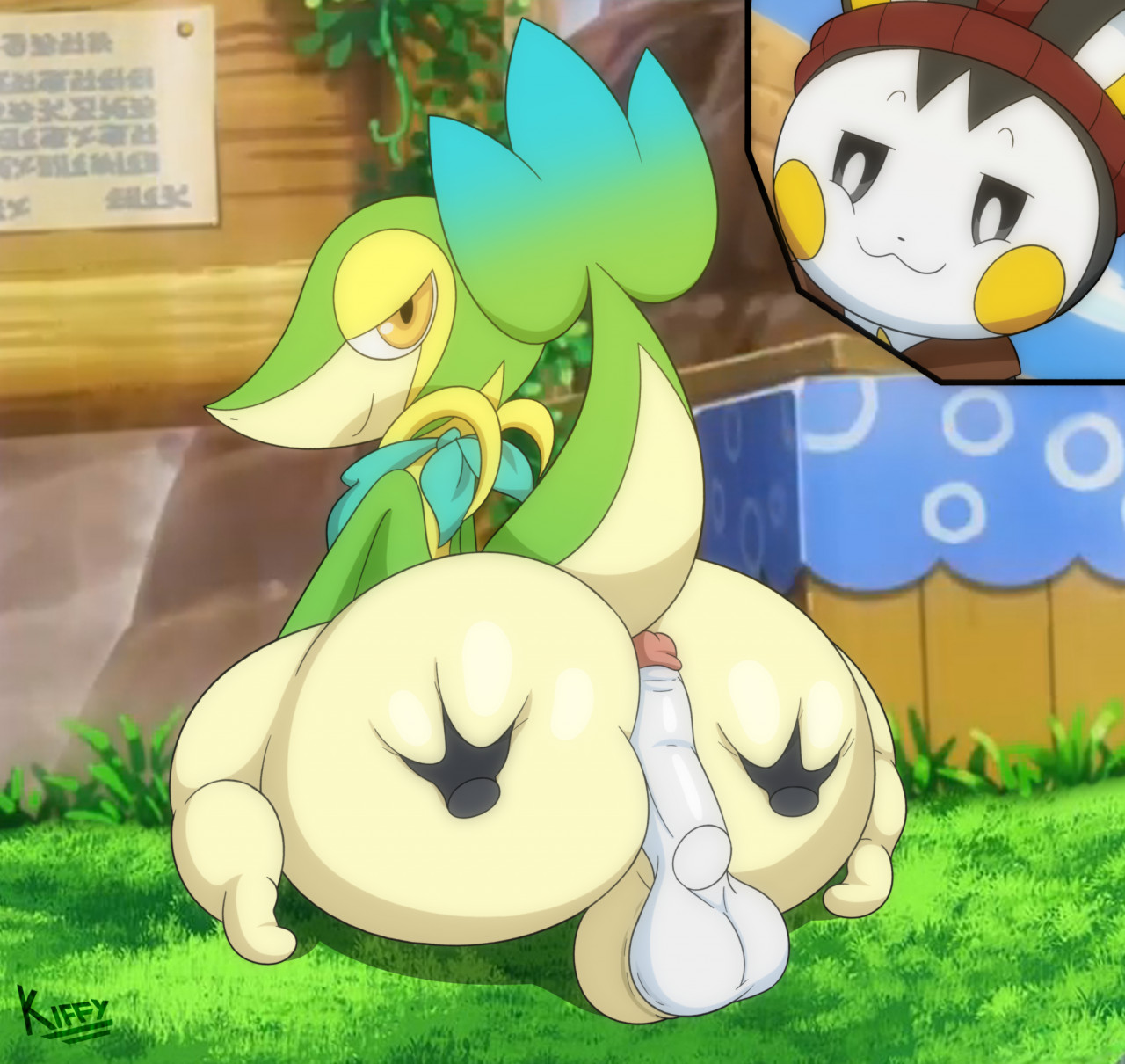 :3, 2boys, anthro, ass, ass focus, ass grab, assjob, backsack, balls, ballsack, big ass, black eyes, bottom heavy, buttjob, deep skin, disembodied hand, disembodied hands, disembodied penis, duo, emolga, erection, fat ass, femboy, game freak, gay, girly, green body, hands on ass, hot dogging, huge ass, huge cock, humanoid penis, kerchief, kiffy (artist), kneeling, looking back, male, male only, male/male, neckerchief, nintendo, nude, outdoors, outercourse, penis, pokemon, pokemon (species), pokemon mystery dungeon, pokemon on pokemon, raised tail, smile, snivy, tagme, tail, yaoi, yellow eyes