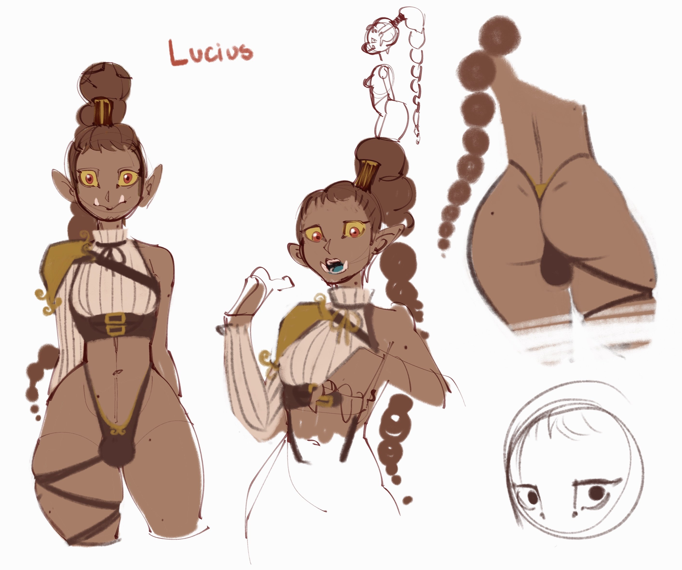 1futa, ass, big ass, blue tongue, braid, breasts, brown hair, bulge, clothed, clothing, crop top, dark skin, dark-skinned futa, flaccid, futa only, futanari, humanoid, intersex, kerosundae, long hair, medium breasts, orc, orc futa, partially clothed, penis, pointy ears, ponytail, red eyes, solo, standing, thong, tusks, wide hips, yellow sclera
