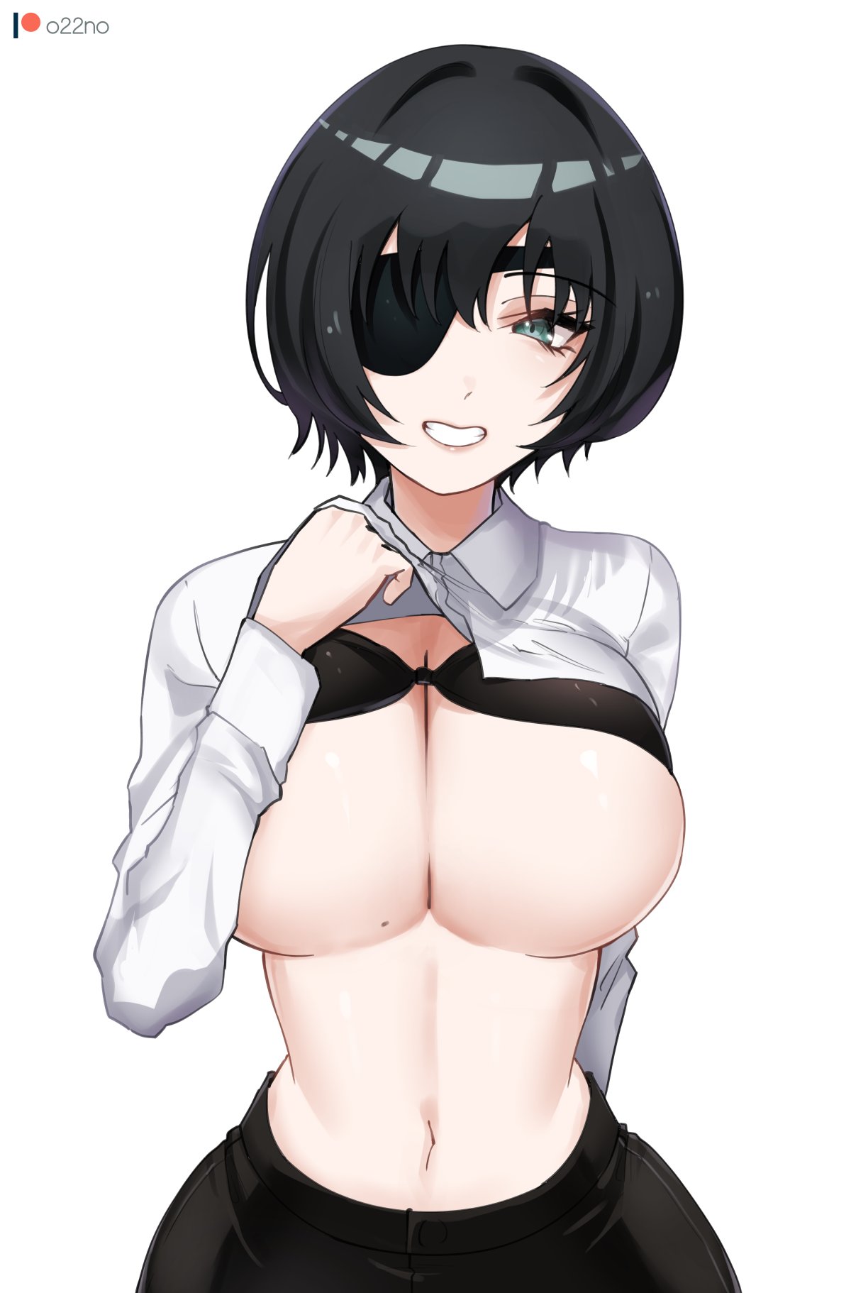 1girls, big breasts, black bra, black hair, black pants, bottomwear, bra, breasts, chainsaw man, clothing, eyepatch, female, female only, green eyes, hair, himeno (chainsaw man), huge breasts, mole, mole on breast, o22no, one eye obstructed, pants, shirt, shirt lift, smile, solo, solo female, topwear, white shirt