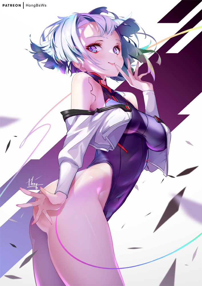 1girls, asian, asian female, ass, big ass, big breasts, breasts, cd projekt red, cybernetics, cyberpunk 2077, cyberpunk: edgerunners, cyborg, female, female only, hong (white spider), leotard, light skin, light-skinned female, lucyna kushinada, multicolored hair, netflix, nude, short hair, small nose, studio trigger, thin eyebrows, white hair
