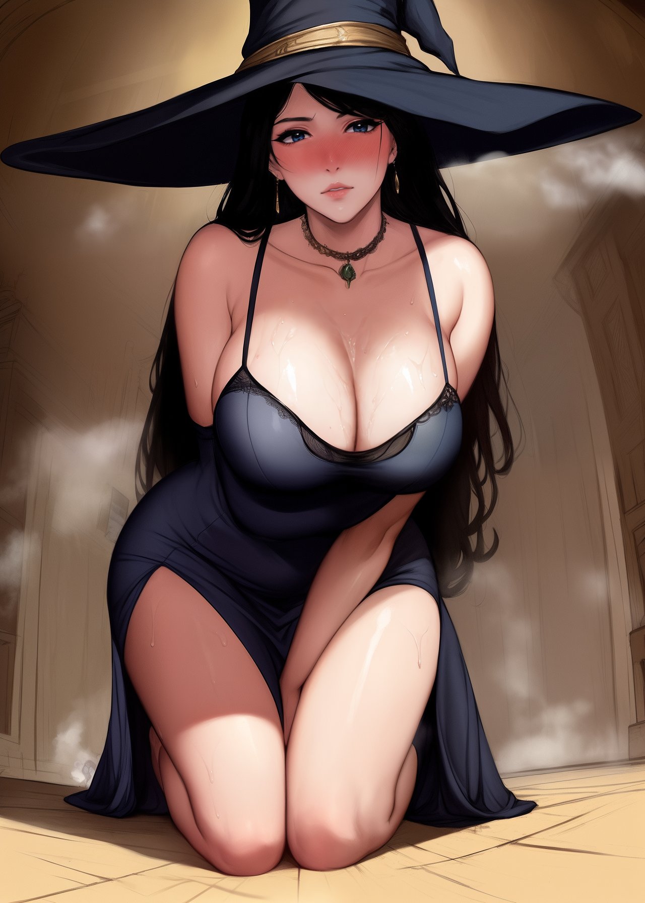 1girls, ai generated, big breasts, black hair, breasts, bulging breasts, curvaceous, curvy female, curvy figure, female, female only, high resolution, looking at viewer, nai diffusion, original, seductive look, solo, stable diffusion, voluptuous female, witch hat