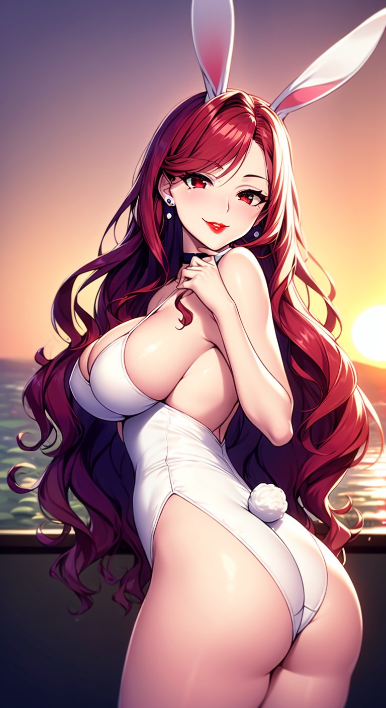 1girls, ai generated, big breasts, breasts, bulging breasts, bunny ears, bunnysuit, curvaceous, curvy female, curvy figure, female, female only, high resolution, kurenai (claire miyamoto), latex, long hair, looking at viewer, nai diffusion, original, red hair, solo, stable diffusion, voluptuous female