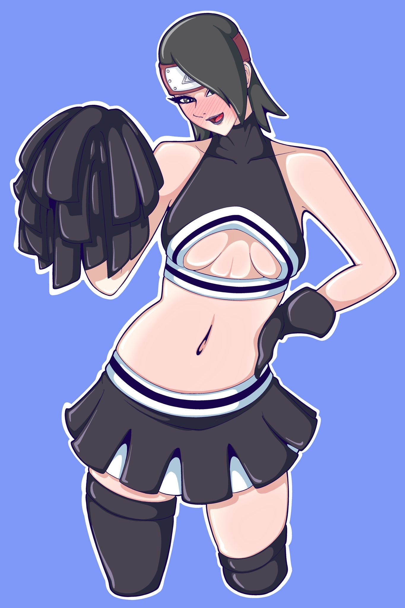 1girls, aged up, anotherlewdartist, black hair, blue background, blush, boruto: naruto next generations, breasts, center opening, cheerleader, cheerleader uniform, crop top, cropped legs, female, female only, glasses, gloves, headband, konohagakure symbol, legwear, lipstick, long hair, makeup, midriff, miniskirt, naruto, naruto (series), no bra, pinup, pom poms, revealing clothes, sarada uchiha, simple background, skirt, solo, solo focus, thighhighs, underboob