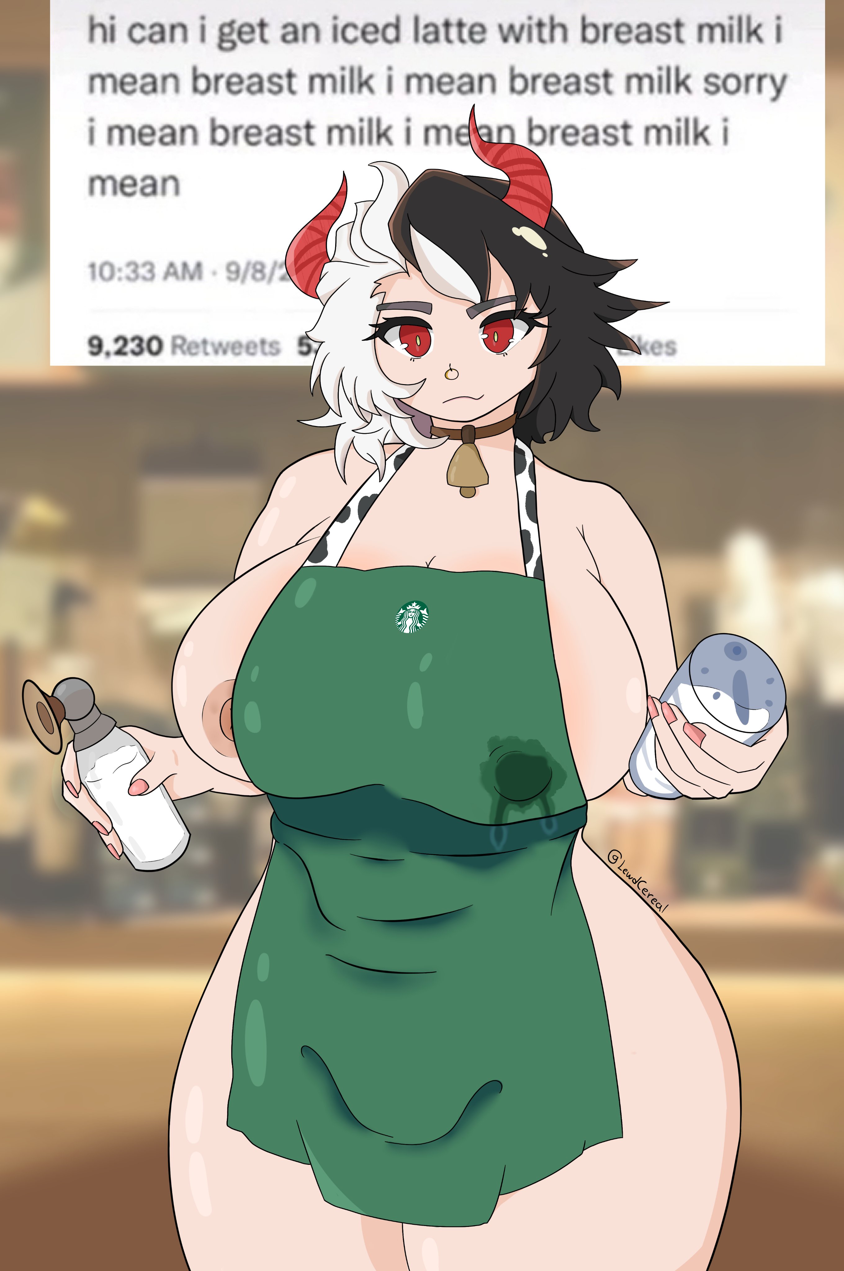 apron, apron only, barista, bell, big breasts, black hair, breast milking, breasts, cleavage, collar, cow, cow bell, cow girl, cow horns, cow print, english text, eyebrows, eyelashes, eyes, female, green apron, horn, horns, iced latte with breast milk, lactation, lewdcerealart, meme, milf, milk, milkshake, multicolored hair, nipple slip, nipples, nipples visible through clothing, red eyes, red horns, sideboob, starbucks, starbucks barista, text, touhou, twitter, urumi ushizaki, white hair, white skin