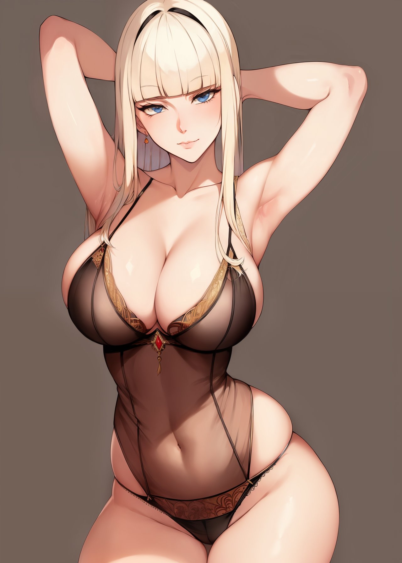 1girls, ai generated, armpits, arms above head, big breasts, blonde hair, blue eyes, breasts, curvy female, curvy figure, earrings, female, female only, high resolution, large breasts, long hair, looking at viewer, nai diffusion, original, ponytail, seductive look, solo, solo female, stable diffusion, voluptuous, voluptuous female