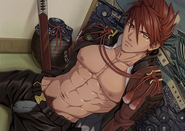 1boy abs armor auburn_hair belly belly_button belt black_pants bondage bulge closed_mouth erection grey_eyes human looking_at_viewer male male_nipples male_only male_pubic_hair muscles muscular_male ookanehira_(touken_ranbu) pecs penis_outline red_pubic_hair scabbard sheathed_weapon shiny shiny_clothes shiny_hair shiny_skin short_hair sitting sitting_on_ground smooth_skinned_male solo stomach sword tanned tanned_male tanned_skin touken_ranbu underwear weapon wonart