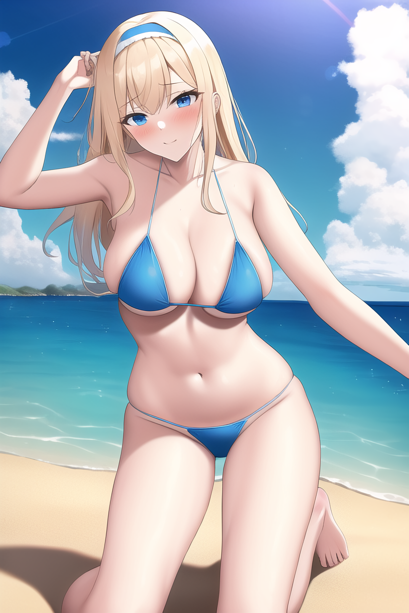 ai_generated alice_schuberg alluring bare_legs beach big_breasts bikini blonde_hair blue_eyes kneel nai_diffusion ocean on_knees sea stable_diffusion sword_art_online