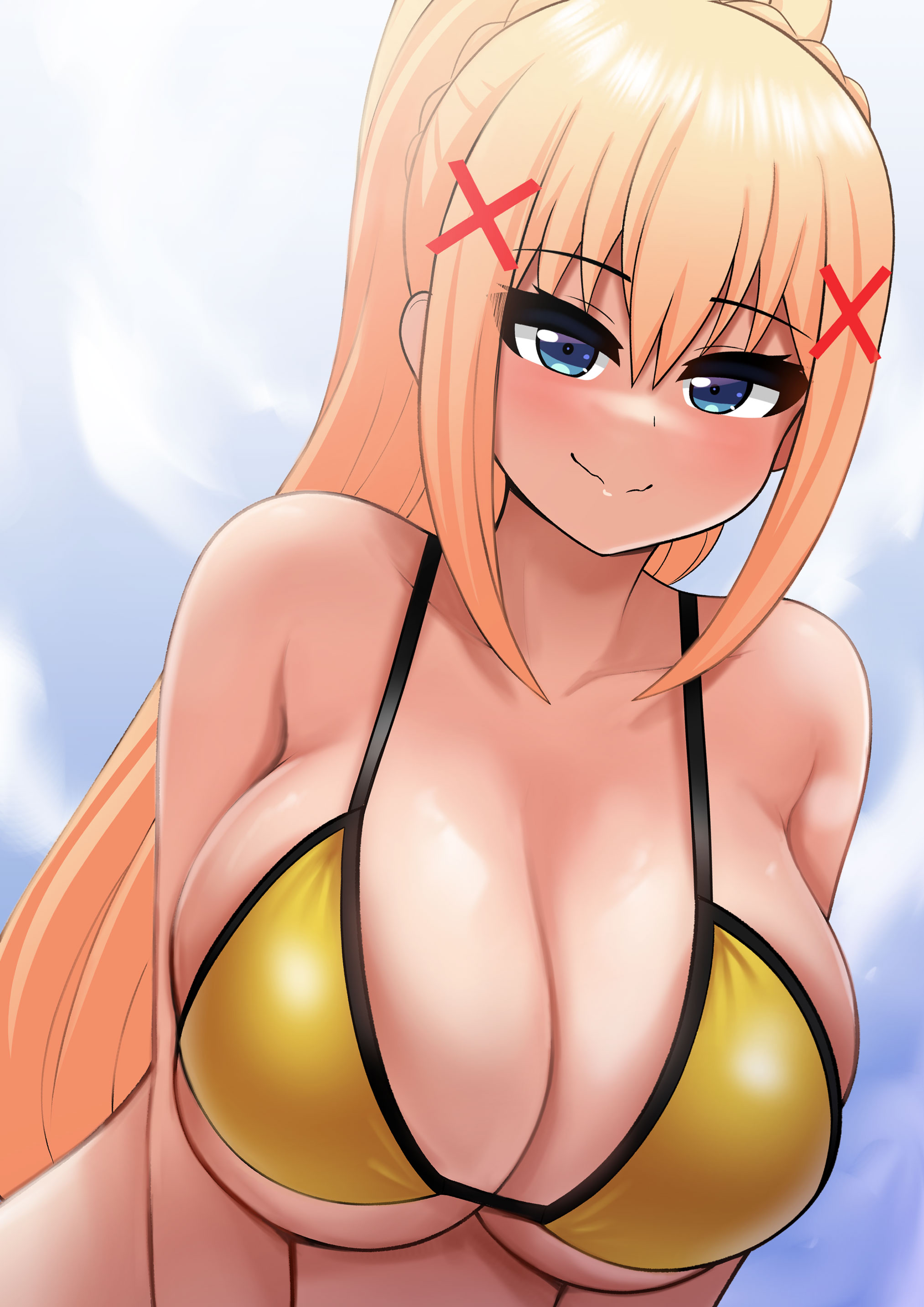 1girls, big breasts, bikini, bikini top, blonde hair, blue eyes, breast focus, breasts, cleavage, darkness (konosuba), female, female only, hair, huge breasts, kono subarashii sekai ni shukufuku wo!, looking at viewer, ponytail, smile, solo, solo female, swimsuit, swimwear, the only shoe, yellow bikini