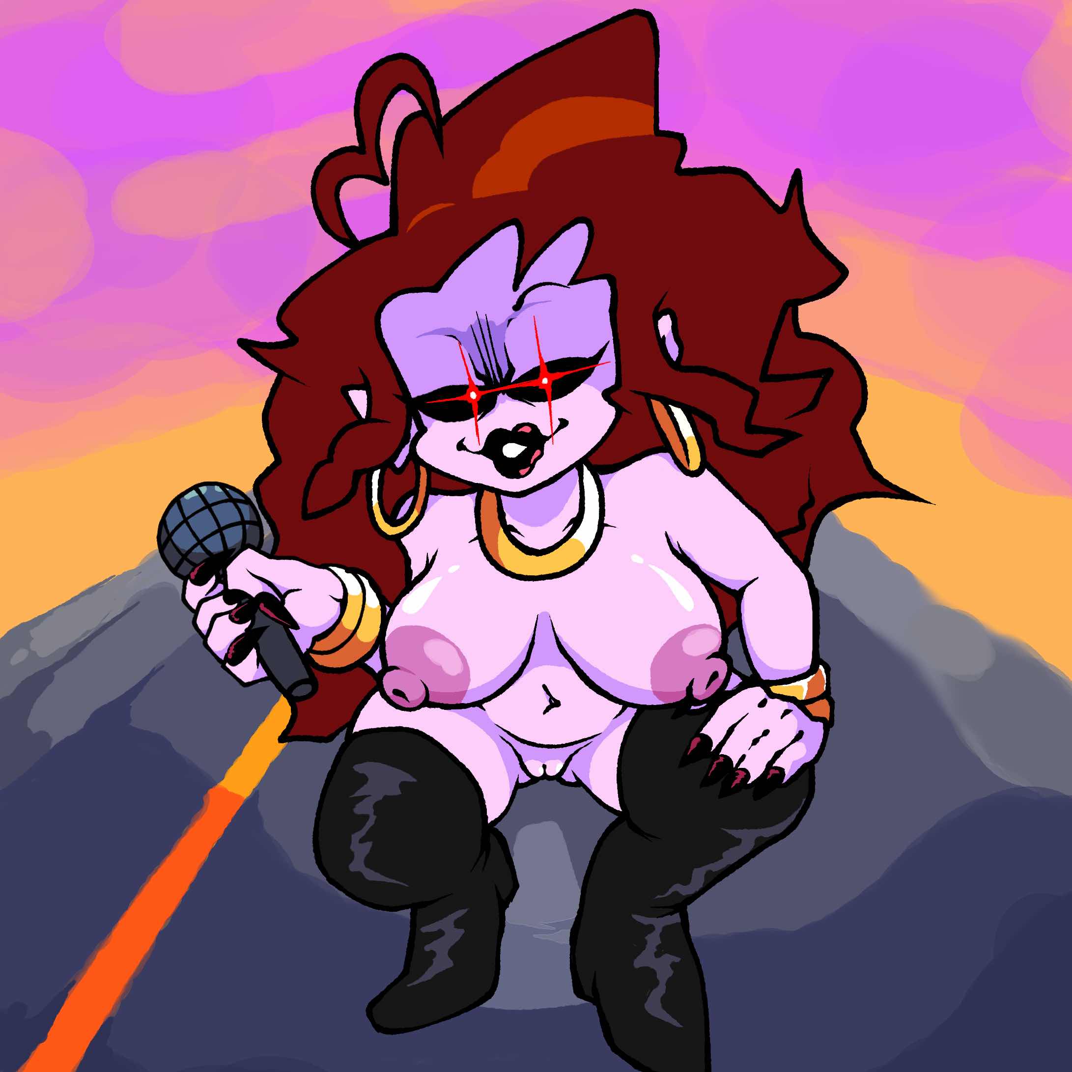 amazingarm, areolae, artist name, big breasts, black sclera, bracelet, breasts, brown hair, demon, earrings, erect nipples, female, fingernails, friday night funkin, looking at viewer, microphone, mommy mearest, naked footwear, navel, nipples, nude, nude female, pointy ears, pose, pov, pov eye contact, purple skin, pussy, red eyes, self upload, smile, solo female, solo focus, thigh boots