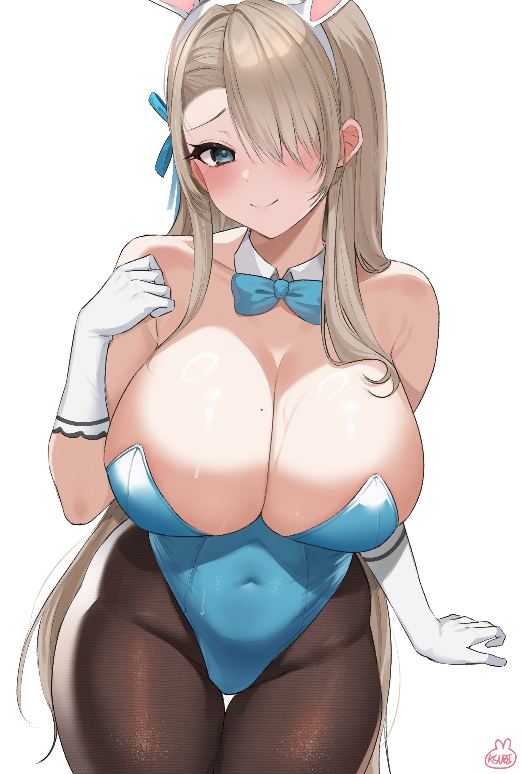 1girls, animal ears, asuna (blue archive), asuna (bunny girl) (blue archive), asuna (bunny) (blue archive), bangs, bare shoulders, big breasts, blue archive, blue bodysuit, blue bow, blue bowtie, blue ribbon, blush, bodysuit, breasts, brown pantyhose, bunny ears, bunnysuit, busty, cleavage, collar, collarbone, curvaceous, curvy, curvy figure, detached collar, elbow gloves, fake animal ears, female, female focus, female only, gloves, hair over one eye, hair ribbon, halo, hand on breast, ksubi (toxtricitygf), large breasts, leotard, light skin, light-skinned female, long hair, mole, mole on breast, pantyhose, platinum blonde hair, playboy bunny, simple background, solo, solo female, solo focus, strapless leotard, swept bangs, thick thighs, thighband pantyhose, thighs, very long hair, video games, white background, white gloves