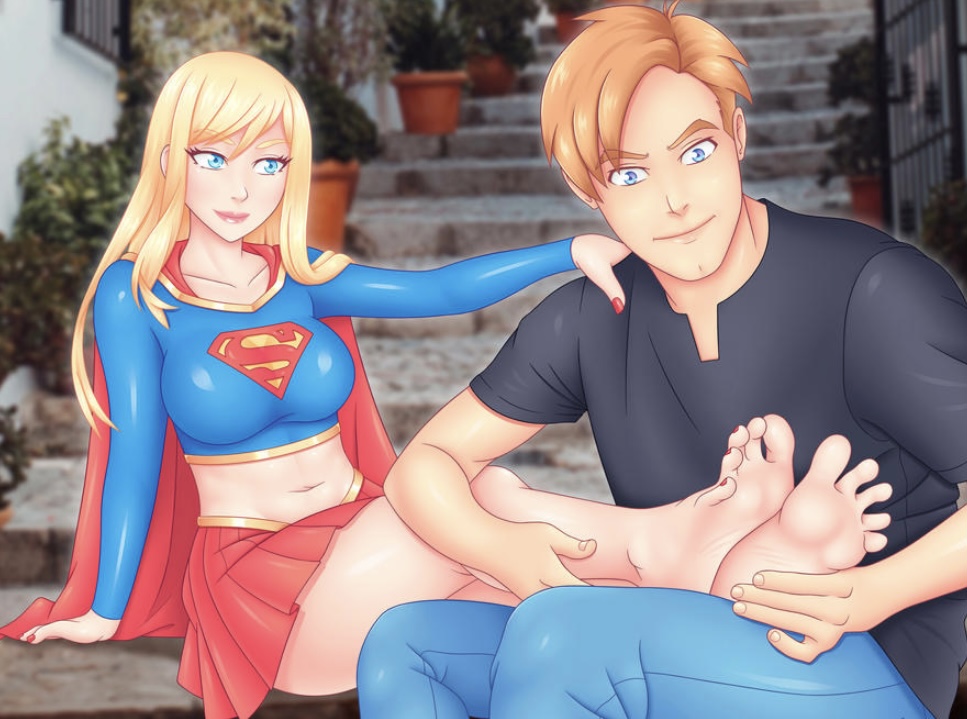 1boy 1girls bare_legs bare_midriff barefoot blonde_female blonde_hair blue_eyes cape dc dc_comics feet female foot_massage holding_feet jimmy_olsen kara_zor-el male massage massaging miniskirt short_skirt straight supergirl superheroine superman_(series) toes