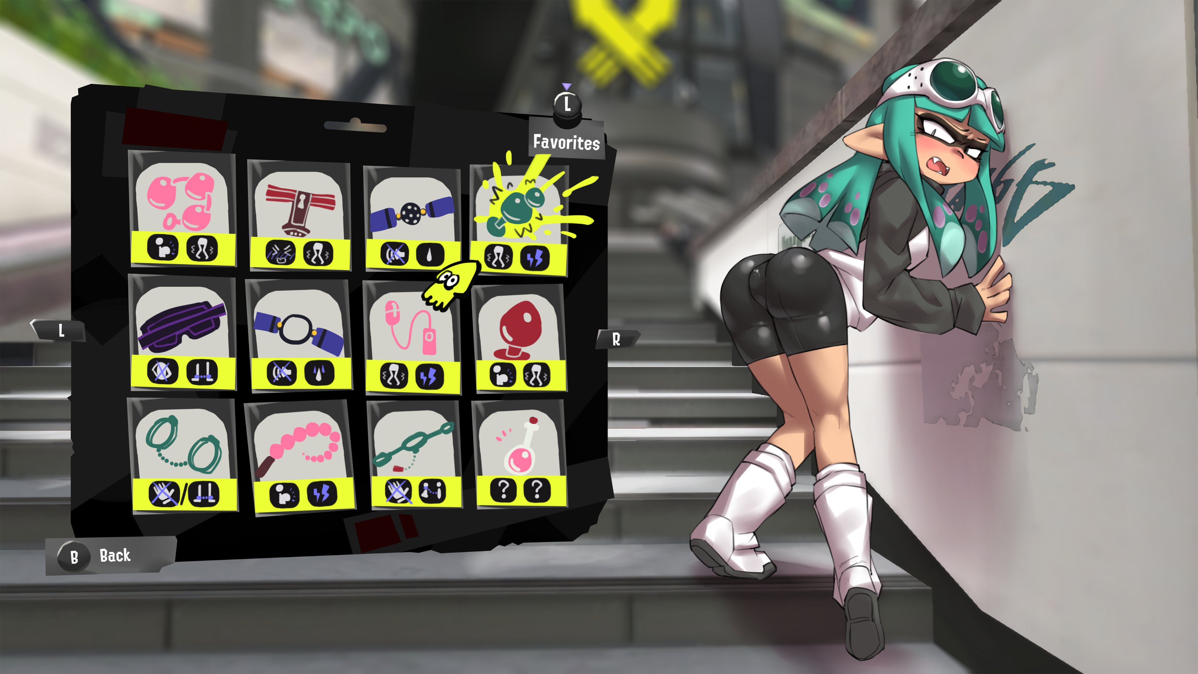 1girls, anal plug, ass, big ass, big butt, bike shorts, blush, borvar, buttplug, buttplug in ass, buttplug under clothes, clothed, clothing, english text, female, female only, gameplay mechanics, goggles, goggles on head, hud, inkling, inkling girl, looking at viewer, looking back, menu, nintendo, open mouth, public, solo, solo female, spats, splatoon, stairs, text