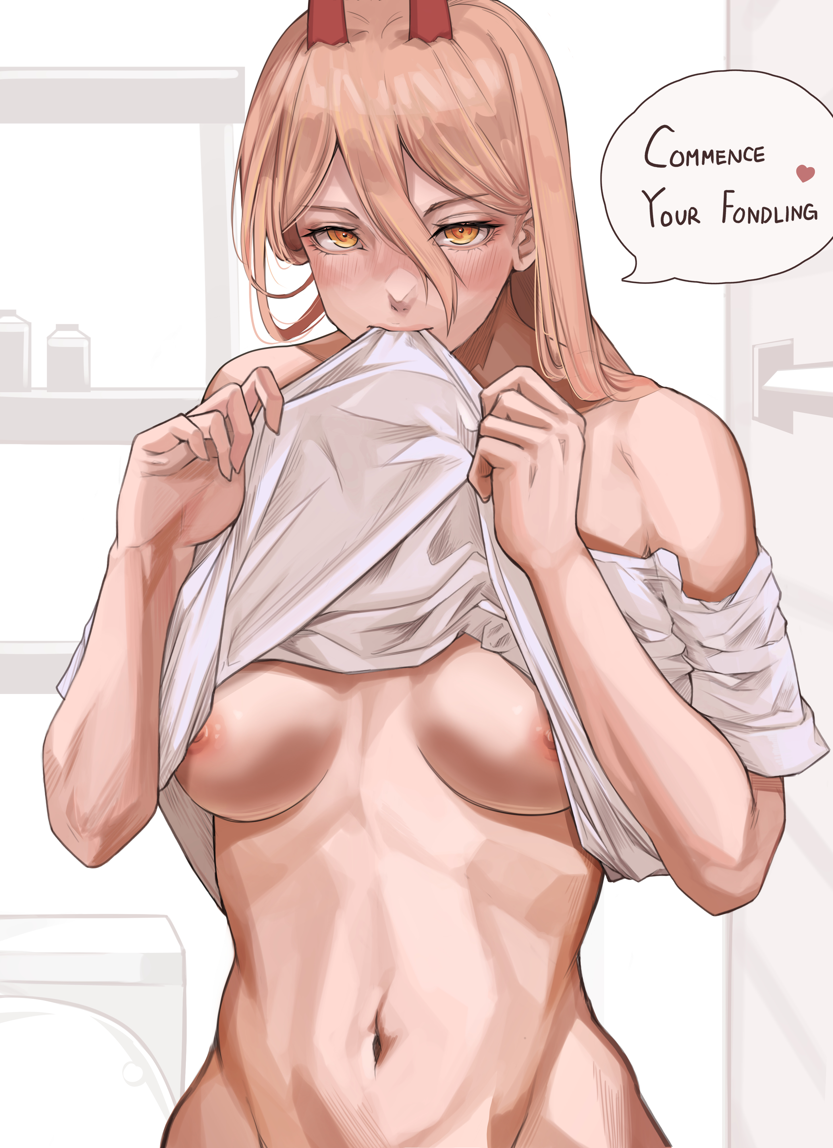 1girls, areolae, athletic, athletic female, blonde hair, breasts, chainsaw man, demon, demon girl, demon horns, female, female only, joonmogoo, light skin, light-skinned female, navel, nipples, power (chainsaw man), shirt lift, shounen jump, underboob