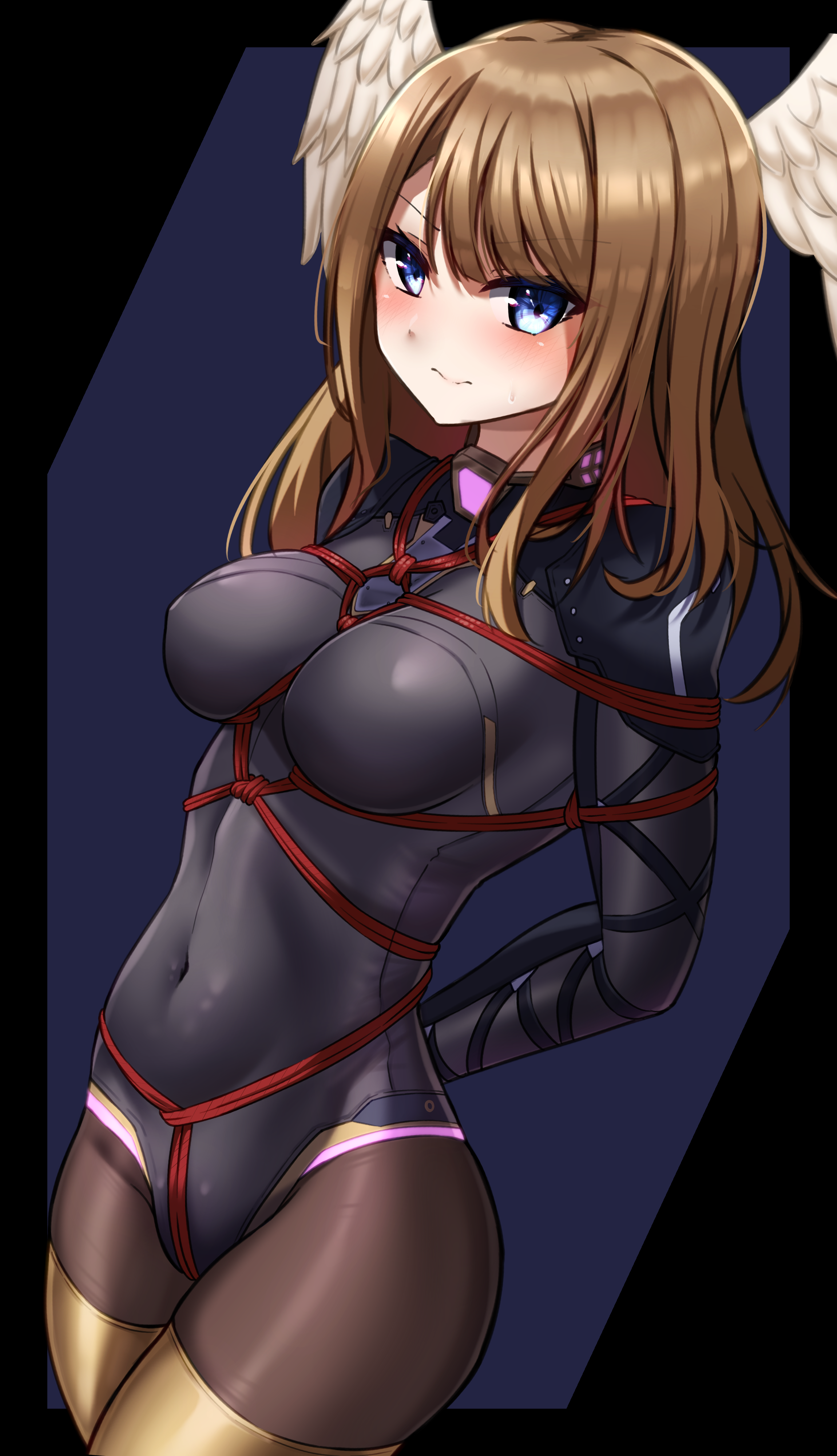 1girls, alternate costume, arms behind back, big breasts, blue eyes, blush, bodysuit, bondage, bound, bound arms, bound wrists, breasts, brown hair, crotch rope, eunie (xenoblade), female, female only, femsub, happy sub, hourglass figure, large breasts, latex, legwear, nintendo, noir au laut, official alternate costume, pokies, red rope, rope, rope bondage, secretly loves it, segiri (xenoblade) (cosplay), shibari, shiny, shiny clothes, skin tight, skintight bodysuit, smile, solo female, submissive, submissive female, thick thighs, thighs, wings, xenoblade (series), xenoblade chronicles 3, yellow legwear