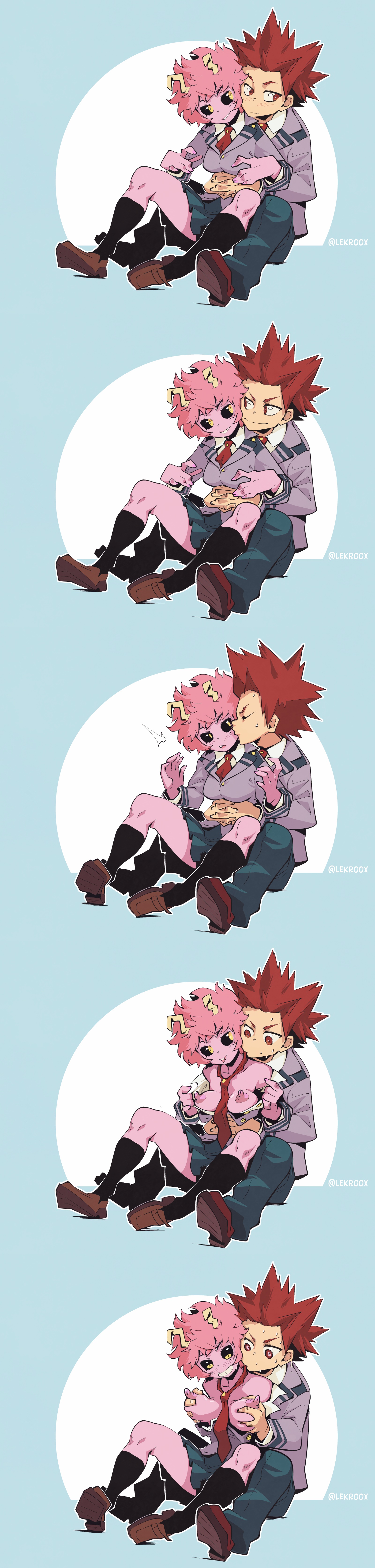 1boy, 1girls, black sclera, breast grab, breast squeeze, breasts, breasts out, eijirou kirishima, fanon couple, female, fondling, fondling breast, groping, groping breasts, groping from behind, hands on breasts, hands on waist, happy, horns, hugging from behind, inviting, kiss on cheek, kissing, looking at breasts, male, mina ashido, multiple images, my hero academia, nipples, open shirt, opening shirt, pink hair, pink skin, red eyes, red hair, school uniform, self exposure, showing off, soft breasts, straight, sweat, temptation, tie between breasts, u.a. school uniform, undressing, yellow eyes