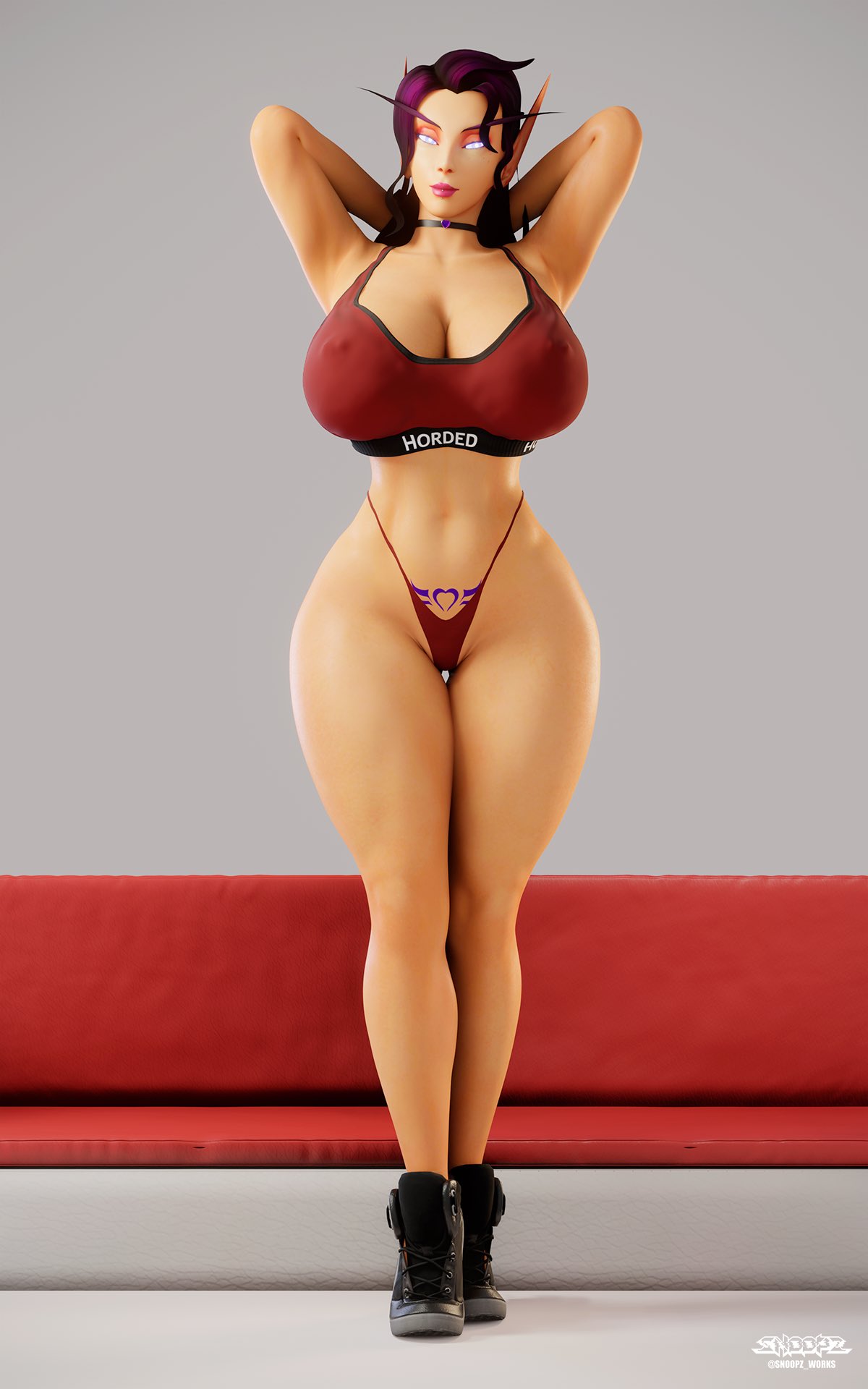 3d, 3d (artwork), arms behind head, breasts, elf, female, huge breasts, original character, shala'zar (oc), snoopz, solo, solo female, sports bra, tattoo, tattoo on belly, thick thighs, thong, void elf, world of warcraft
