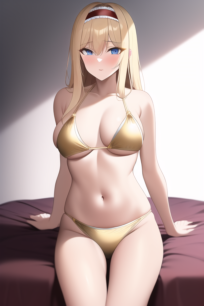 1girls ai_generated alice_schuberg alluring bare_legs blonde_hair blue_eyes bra female female_only nai_diffusion nightcore_(artist) on_bed panties sitting sitting_on_bed solo stable_diffusion sword_art_online underwear