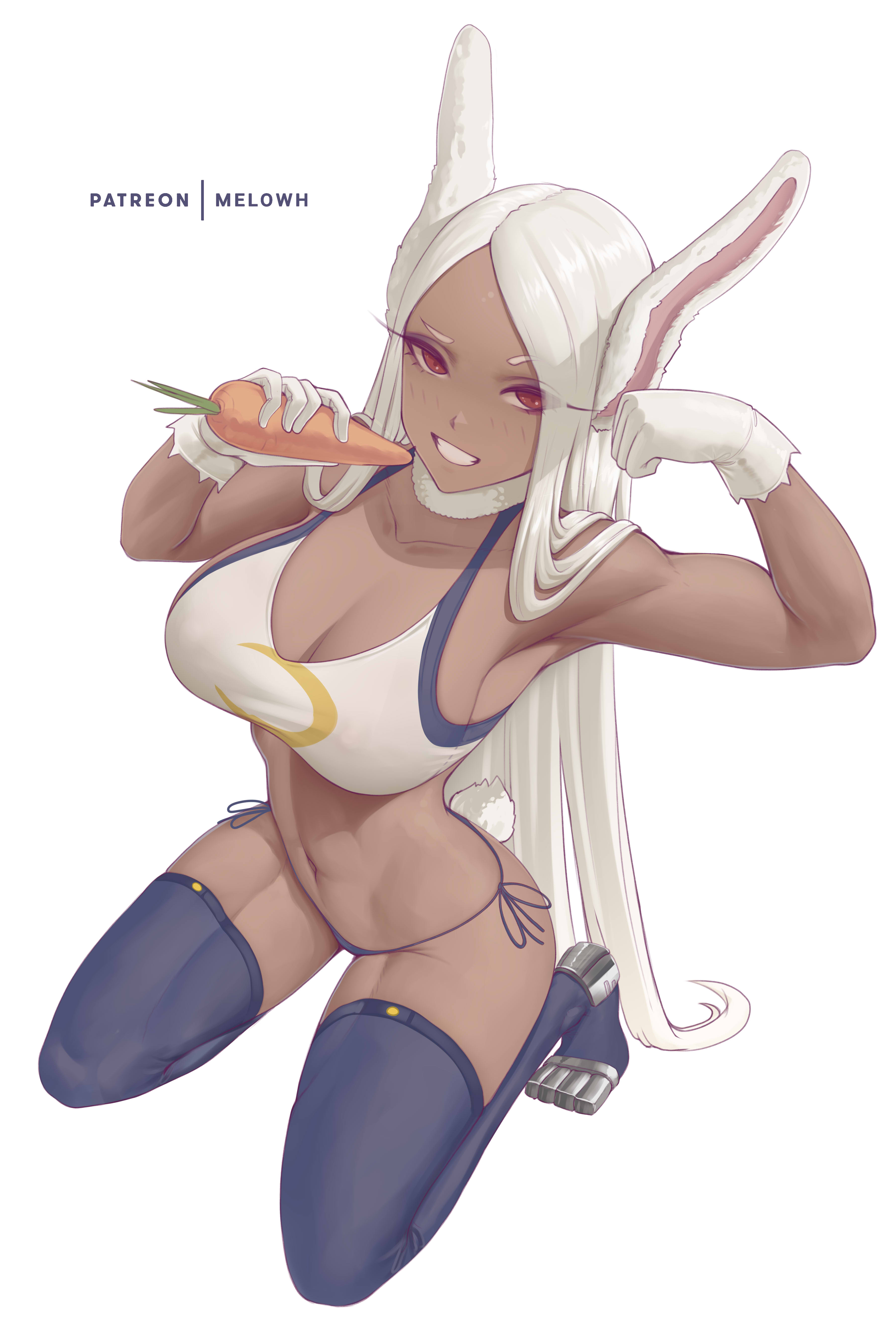 1girls, absurd res, animal ears, artist name, bare shoulders, big breasts, breasts, bunny ears, bunny tail, carrot, cleavage, clenched teeth, clothing, collarbone, crop top, dark skin, dark-skinned female, eyelashes, female, female focus, female only, food, gloves, grin, hips, holding food, holding object, human, large breasts, legwear, looking at viewer, looking up, melowh, miruko, my hero academia, navel, on knees, panties, parted lips, patreon, pinup, red eyes, revealing clothes, rumi usagiyama, side-tie panties, sideboob, simple background, skimpy, sleeveless, smile, solo, solo female, stocking, tail, tank top, teeth, thighhighs, thighs, vegetable, very long hair, white hair