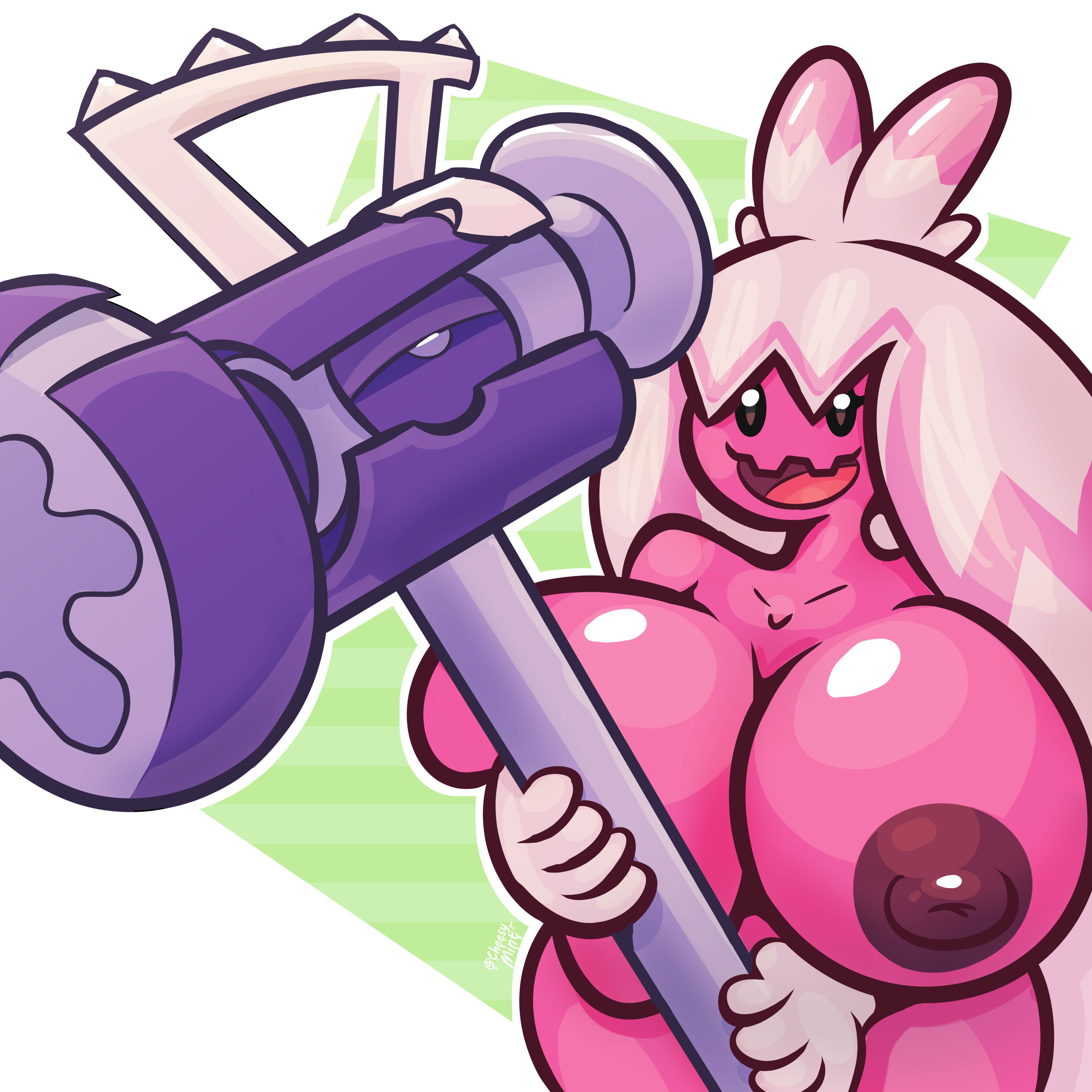 1girls, 2022, ahoge, anthro, areolae, bangs, breast squish, breasts, cheesymint, dark eyes, dark nipples, female, hammer, huge breasts, long hair, nipples, nude, pink hair, pink highlights, pink nipples, pokémon (species), pokemon, pokemon (species), pokemon sv, shortstack, smile, solo, tinkaton
