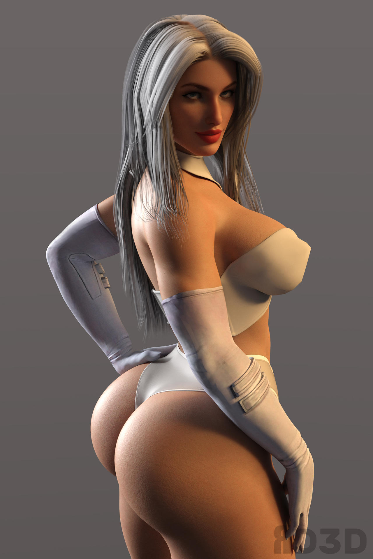 3d ass ass_focus blonde_hair blue_eyes dat_ass emma_frost female female_only huge_ass huge_breasts looking_at_viewer marvel marvel_comics radamantis3d thong white_queen x-men