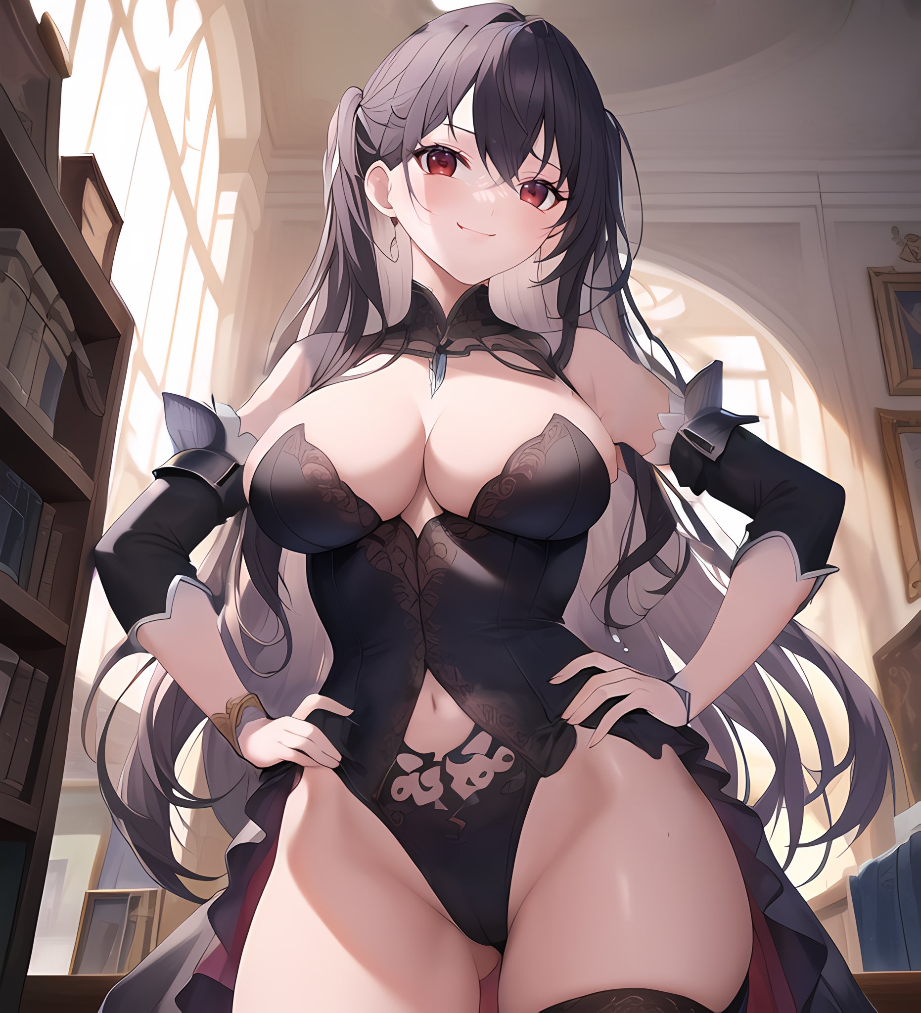 1girls, ai generated, big breasts, black hair, breasts, bulging breasts, female, female only, high resolution, long hair, looking at viewer, nai diffusion, original, solo, stable diffusion, stuffyai