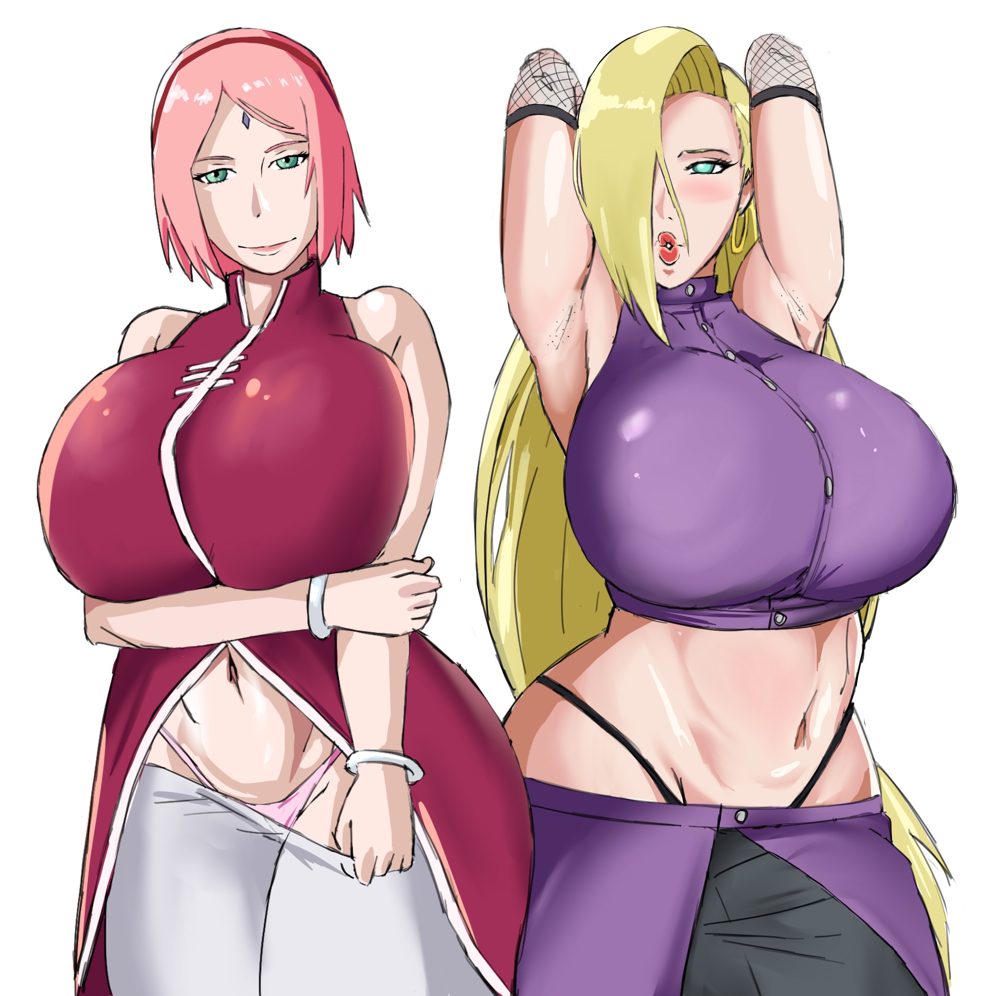 2girls, alternate breast size, armpits, arms behind head, arms up, big breasts, blonde hair, blue eyes, blush, boruto: naruto next generations, bracelet, breasts, busty, china dress, crop top, dress, elbow pads, female, female only, green eyes, hair over one eye, highleg, highleg panties, ino yamanaka, lipstick, looking at viewer, makeup, mature, mature female, midriff, milf, multiple females, multiple girls, naruto, naruto (series), naruto shippuden, naruto: the last, panarandom, panties, pants, pants pull, pink hair, pulled by self, sakura haruno, skirt, take your pick, thick thighs, undressing, undressing self, very long hair, voluptuous, wide hips