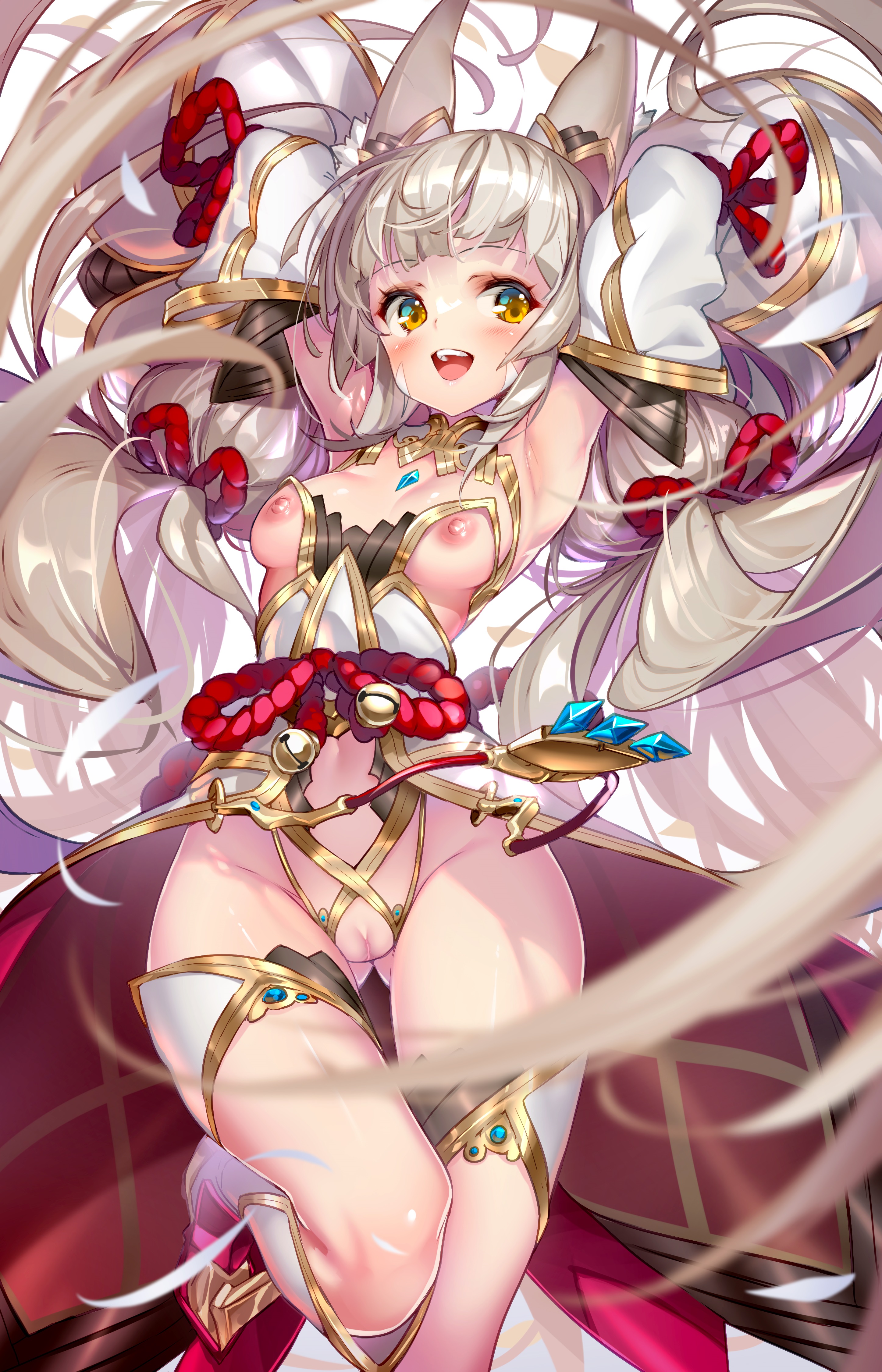 blush, bottomless, breasts, core crystal, female, grey hair, hong (white spider), looking at viewer, mostly clothed, nia, nia (blade), nia (xenoblade), open-mouth smile, pussy, topless, xenoblade (series), xenoblade chronicles 2, yellow eyes