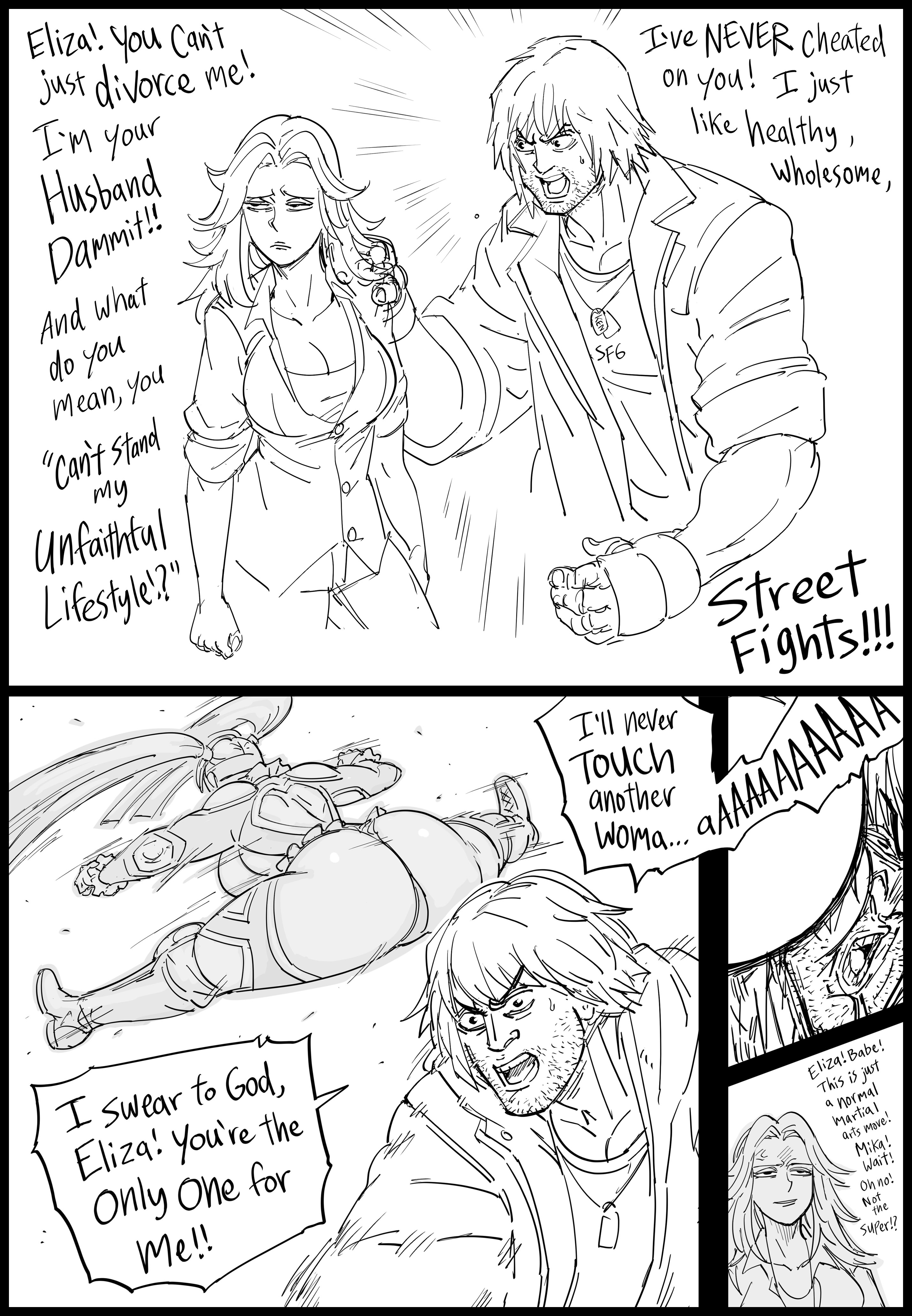 1boy, 2girls, absurd res, ass on face, bb (baalbuddy), capcom, dialogue, english text, female, funny, ken masters, male, monochrome, rainbow mika, speech bubble, street fighter, street fighter 6, tagme, two panel image, white background