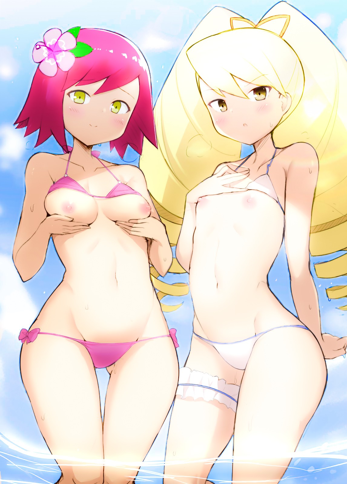 2girls beach big_hair bikini female female_only hair_flower hanetu jhostin38654 looking_at_viewer luna_platz mega_man mega_man_star_force multiple_girls nipples ocean small_breasts sonia_strumm twin_drills