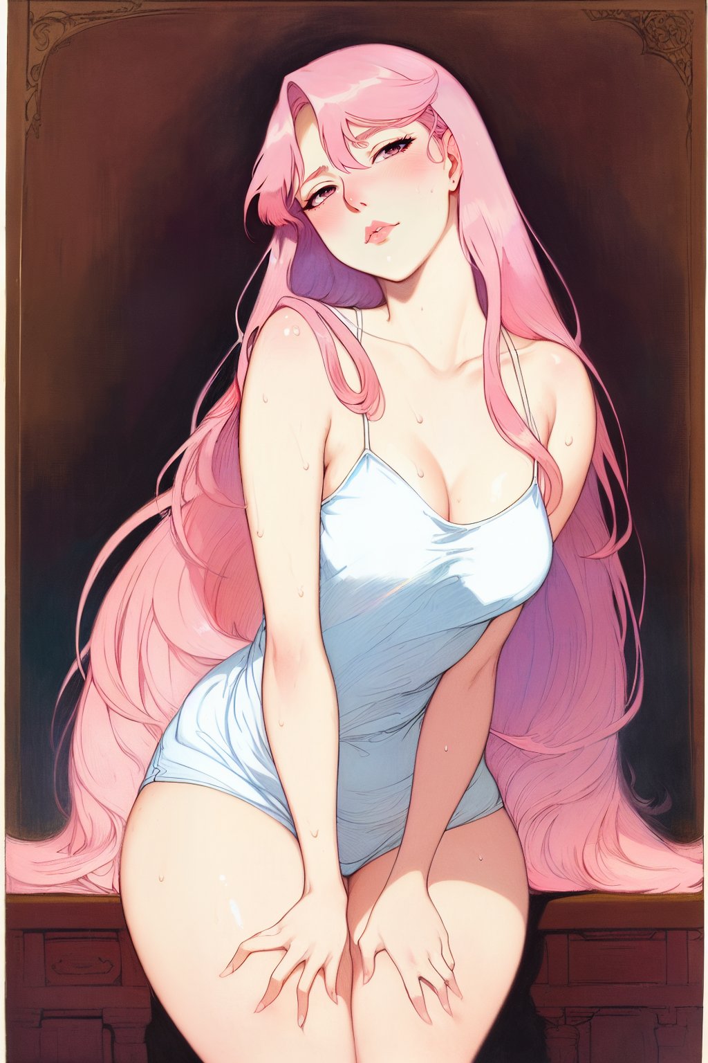 1girls, ai generated, curvaceous, curvy female, curvy figure, female, female only, high resolution, long hair, looking at viewer, nai diffusion, original, pink hair, seductive look, solo, stable diffusion, sweat, tank top, thighs together, voluptuous female, white shirt