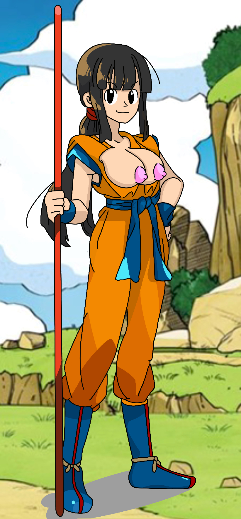 boots breasts chichi clothing dragon_ball dragon_ball_z outdoors outside son_goku_(cosplay) staff