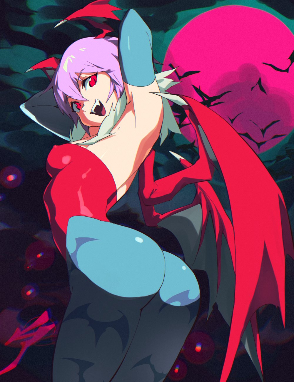 aetherion_art animal_print armpits arms_behind_head artist_logo ass back bangs bare_shoulders bat_(animal) bat_print bat_wings blue_gloves blue_pantyhose breasts capcom clothing commentary covered_erect_nipples cowboy_shot darkstalkers demon_girl elbow_gloves english_commentary fangs female from_behind fur_trim gloves hair_between_eyes head_wings highleg highleg_leotard highres leotard lilith_aensland looking_at_viewer looking_back medium_breasts moon open_mouth pantyhose print_legwear purple_hair red_eyes red_leotard red_moon short_hair small_breasts smile solo succubus succubus_costume vampire_(game) wings