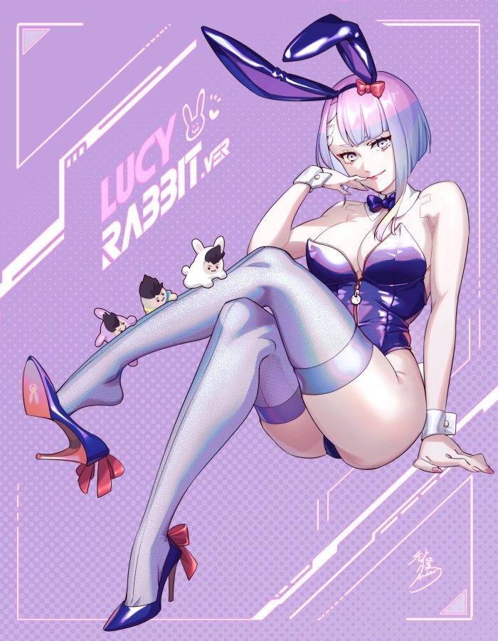 1girls, 2d, ass, big ass, big breasts, breasts, bunny costume, bunny ears, bunny girl, bunnysuit, cd projekt red, clothed, clothing, cyberpunk 2077, cyberpunk: edgerunners, david martinez (edgerunners), female, female focus, female only, heels, high heels, highres, latex, legwear, leotard, looking at viewer, lucyna kushinada, netflix, orangeamber12, rabbit costume, shiny clothes, short hair, small eyebrows, small nose, solo, solo female, studio trigger, tagme, thick thighs, thighs, tight clothing, wholesome