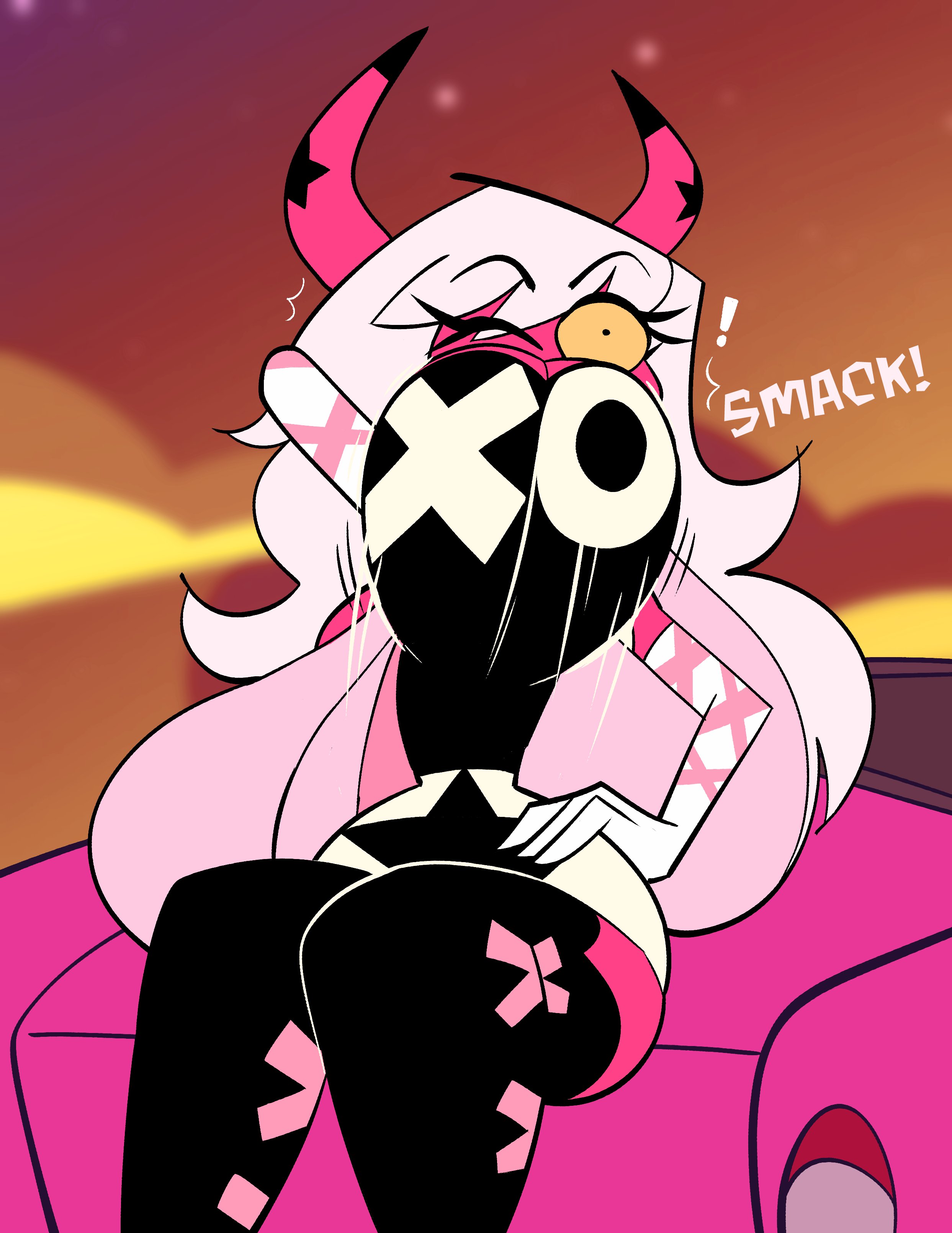 2022, absurd res, big breasts, breasts, demon, exclamation point, eyebrows, eyelashes, female, fingers, helluva boss, hi res, horn, inconvenient breasts, monamania, one eye closed, pink body, pink skin, sitting, solo, succubus, vehicle, verosika mayday (helluva boss), yellow sclera