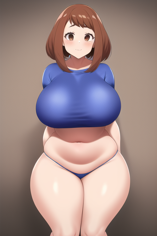 ai generated, blue shirt, blush, breasts, brown eyes, brown hair, female, large breasts, my hero academia, nai diffusion, ochako uraraka, panties, shirt, stable diffusion, tagme, thick thighs, wide hips
