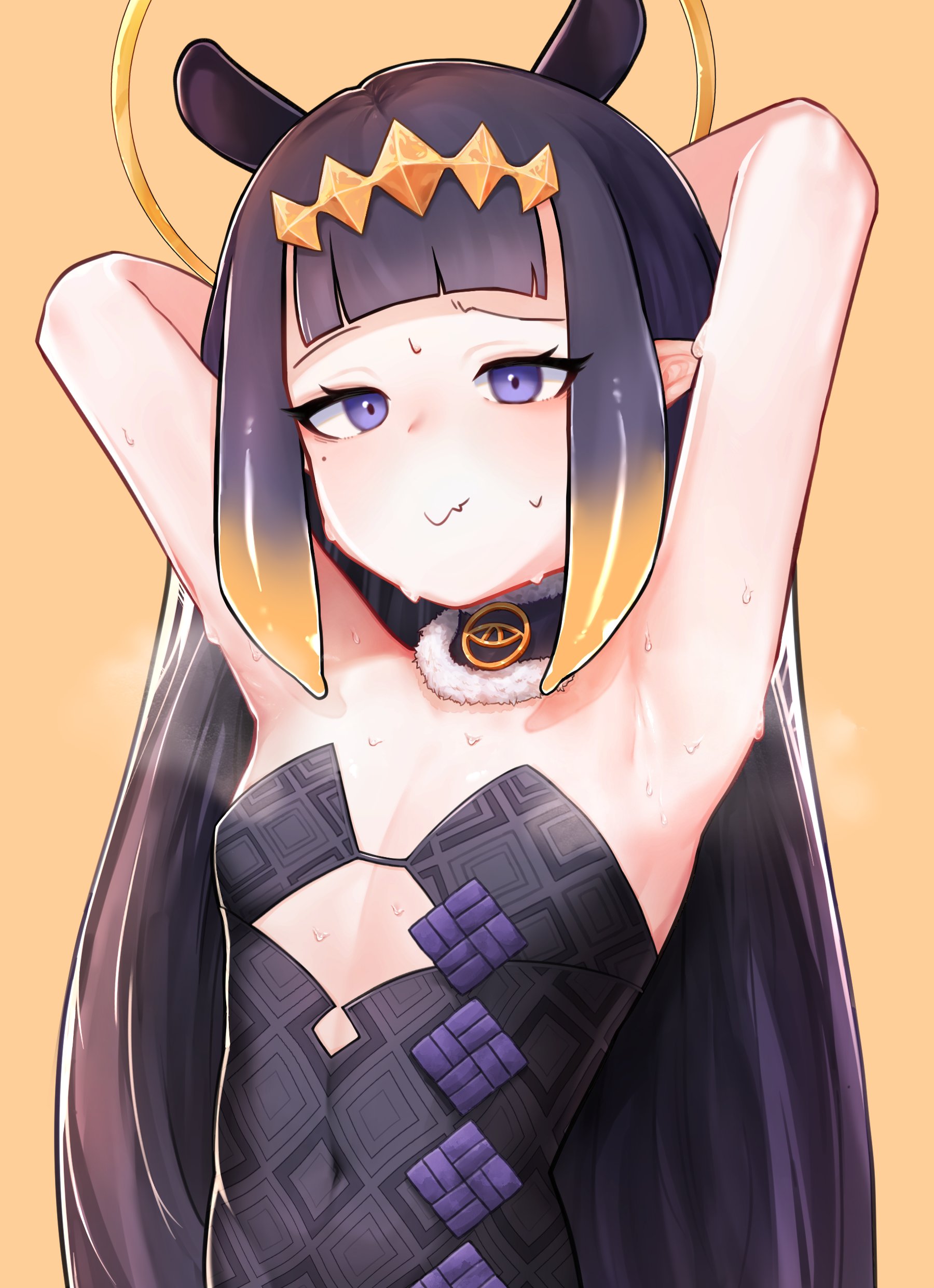 1girls, armpits, arms above head, arms behind head, arms up, black dress, blush, choker, embarrassed, female, flat chest, flat chested, halo, hololive, hololive english, hololive myth, hun2, light skin, light-skinned female, long hair, looking at viewer, mole under eye, musk, musk clouds, ninomae ina'nis, pale skin, purple eyes, purple hair, raised arms, solo, steam, steaming body, sweat, sweatdrop, sweating, sweaty armpits, sweaty body, tiara, virtual youtuber, wavy mouth