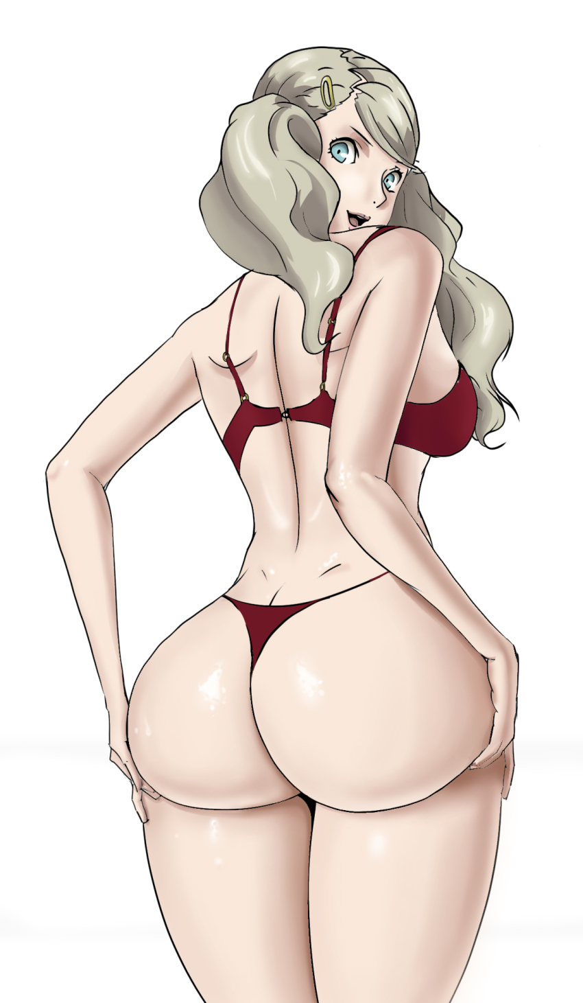 ann takamaki, ass, ass cleavage, ass crack, ass support, blonde hair, blue eyes, bra, breasts, butt crack, dimples of venus, female, female focus, highres, lingerie, long hair, looking at viewer, looking back, medium breasts, open mouth, persona, persona 5, solo, standing, thong, twintails, underwear