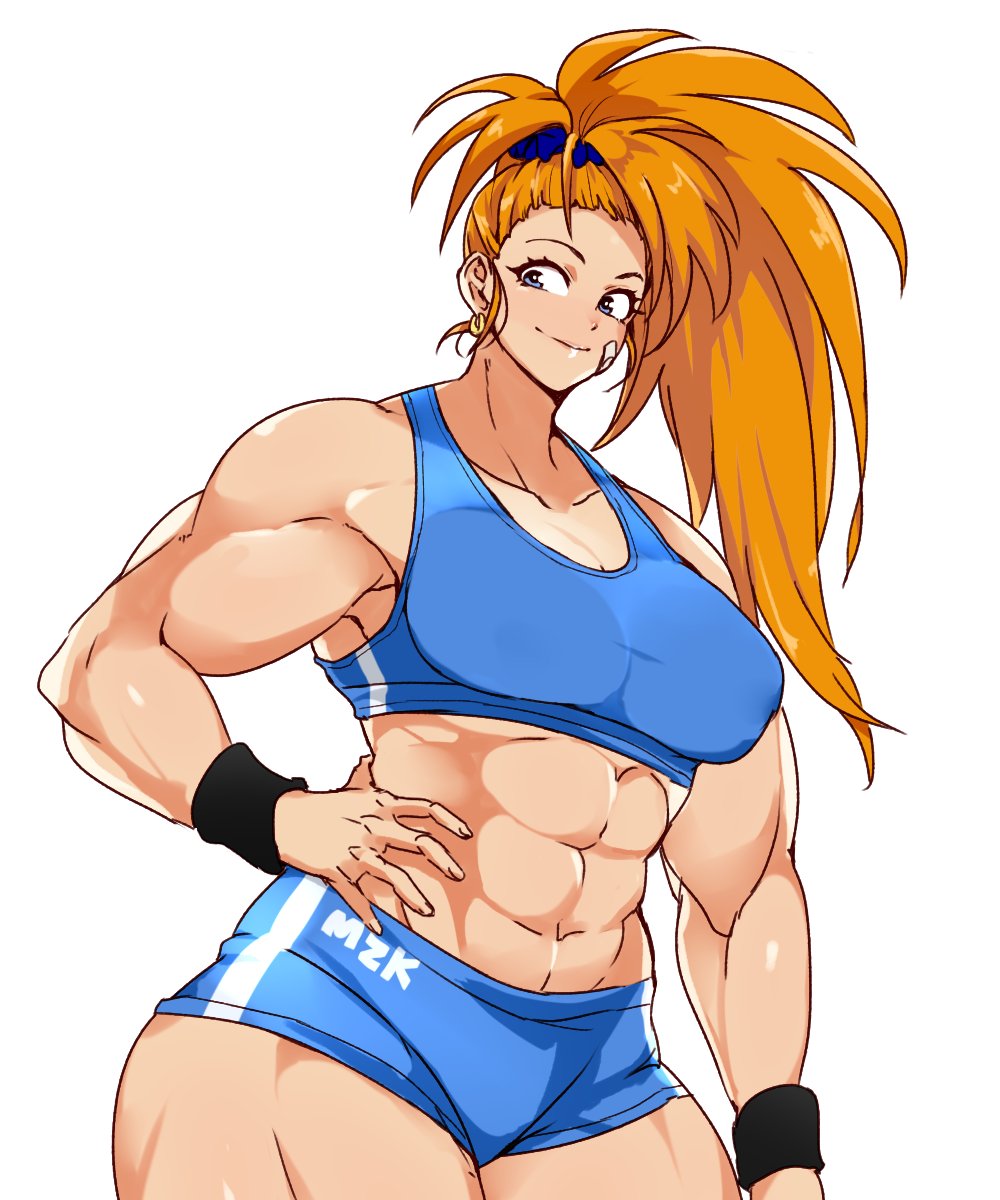 1girls 2022 abs breasts captain_mizuki earrings female female_focus hand_on_hip hanzo2929 hips looking_at_viewer muscular muscular_arms muscular_female one-punch_man orange_hair ponytail simple_background solo solo_female solo_focus thick_thighs thighs white_background wide_hips