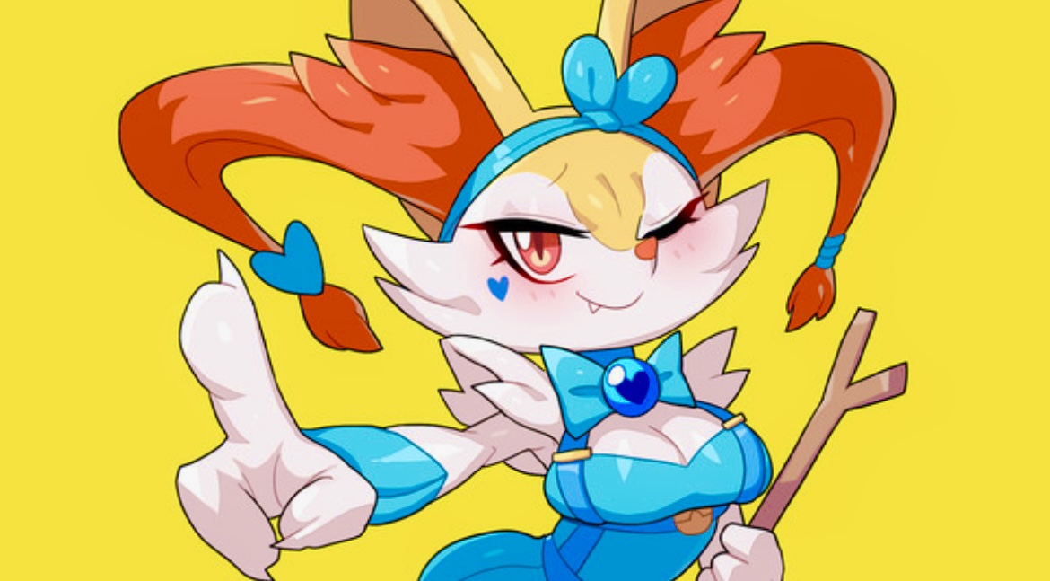 anthro, bow, braixen, cleavage, clothing, drunkoak, female, fox, fox ears, fox girl, generation 6 pokemon, heart, looking at viewer, magical girl, nintendo, oerba yun fang, pokémon (species), pokemon, pokemon (species), pokemon xy, red eyes, smiling, yellow background