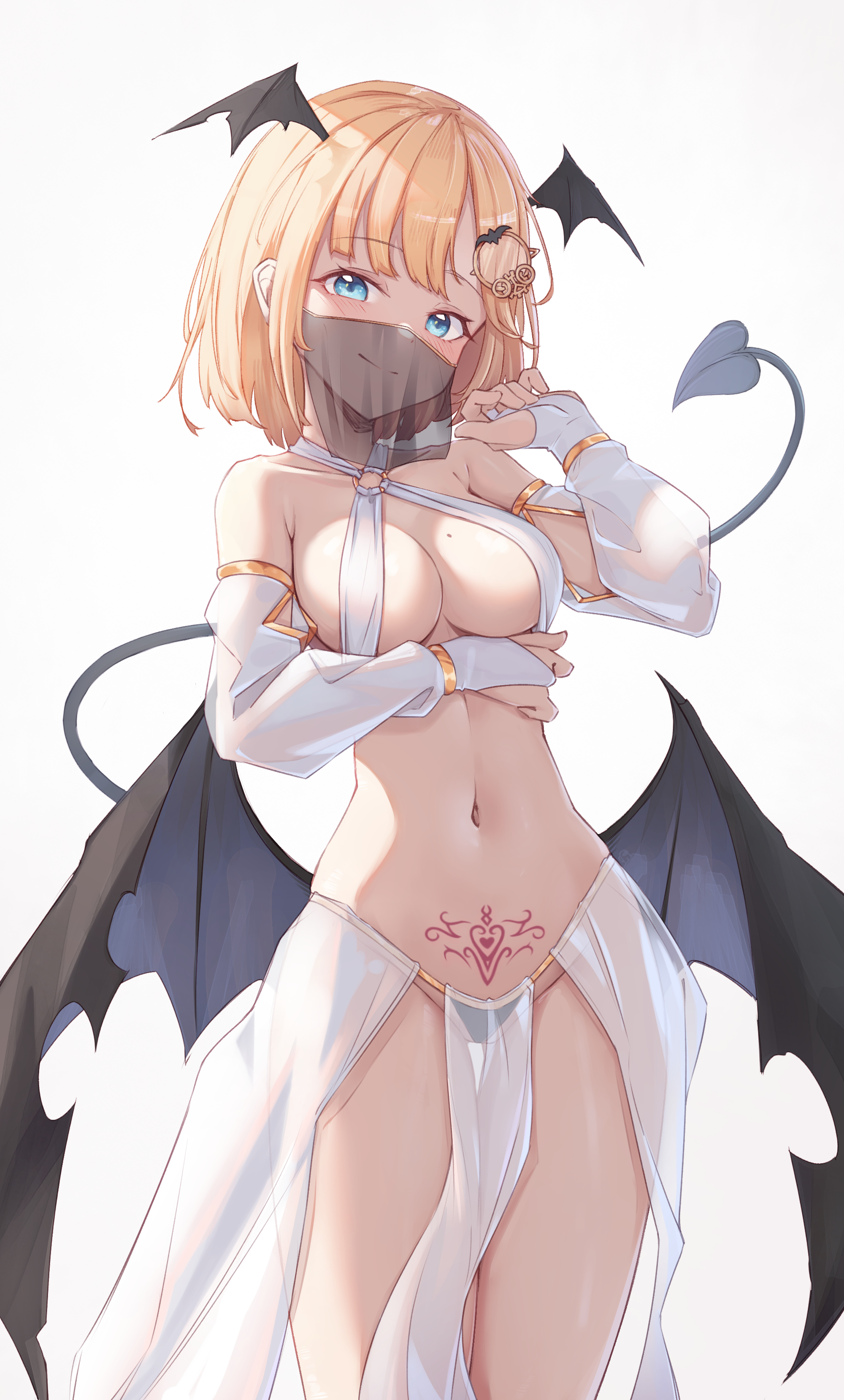1girls, absurdres, alternate costume, arm under breasts, bat hair ornament, bat wings, big breasts, black wings, blonde hair, blue eyes, bob cut, breasts, bridal gauntlets, demon, demon tail, demon wings, detached sleeves, female, female only, gold trim, groin, hair ornament, hand up, harem outfit, head wings, highres, hololive, hololive english, hololive myth, mole, mole on breast, monocle, monocle hair ornament, mouth veil, navel, o-ring, pubic tattoo, shironekokfp, short hair, solo, stomach, succubus, succubus tail, succubus tattoo, succubus wings, tail, tattoo, thigh gap, veil, virtual youtuber, watson amelia, wings