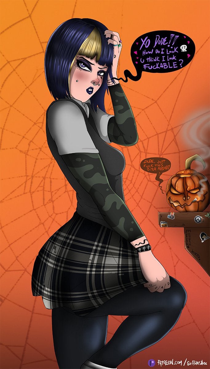 blue_hair goth_girl hand_on_head leg_up original original_character piercing plaid_skirt pumpkin shadman_(style) sirbanshee stockings teasing two_tone_hair