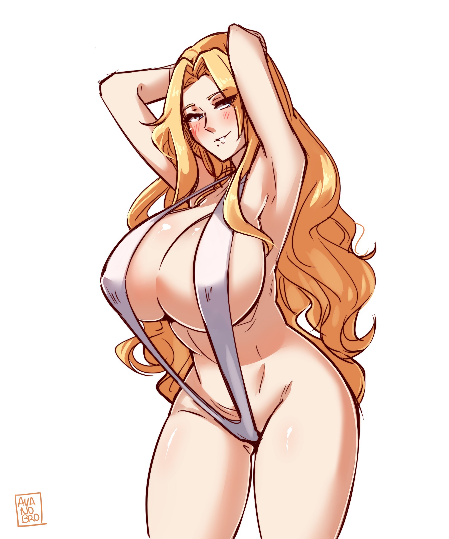 1girls, armpits, arms behind head, arms up, artist name, ayanobro, bare shoulders, beauty mark, big breasts, bikini, bleach, blonde hair, blue eyes, blush, breasts, cleavage, clenched teeth, clothing, commission, curvy, eyelashes, eyes visible through hair, female, female focus, female only, half-closed eyes, highres, hips, huge breasts, human, large breasts, looking at viewer, matsumoto rangiku, mole, mole under mouth, parted lips, pinup, revealing clothes, seductive, shiny skin, sideboob, simple background, skimpy, sling bikini, smile, smirk, solo, solo female, swimsuit, teeth, thick thighs, thigh gap, thighs, very long hair, voluptuous, white background, wide hips