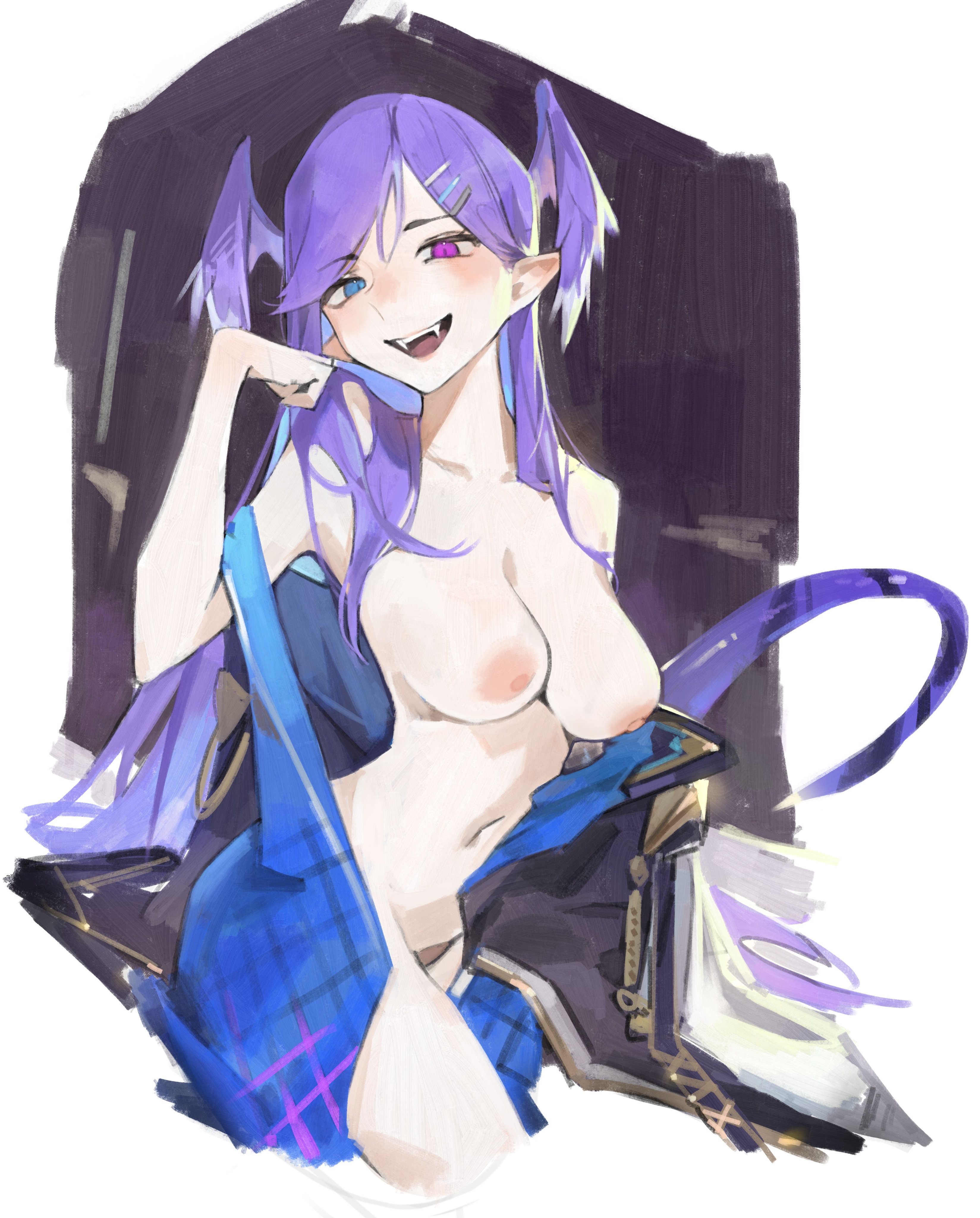 1girls, areolae, bare shoulders, belly button, big breasts, blue eyes, blush, breasts, coat, coat removed, dragon girl, dragon tail, exposed shoulders, fangs, female, female focus, female only, hair wings, head wings, heterochromia, large breasts, light blue eyes, looking at viewer, lucadark, midriff, navel, nijisanji, nijisanji en, no bra, no panties, nude, open mouth, pink eyes, pointy ears, purple hair, selen tatsuki, selen tatsuki (2nd costume), smile, solo, solo female, solo focus, tail, very long hair, virtual youtuber, vtuber