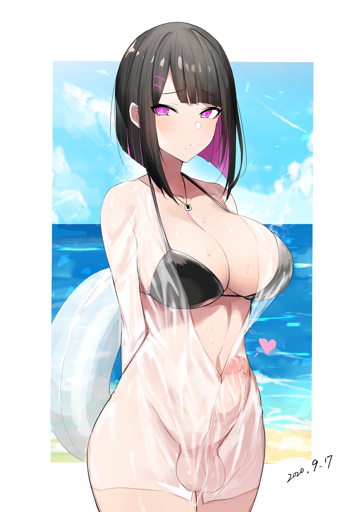 1futa balls bangs beach big_breasts big_penis bikini_top black_hair bob_cut bottomless breasts clothed clothing curvy erection floatie futa_only futanari human light-skinned_futanari light_skin looking_at_viewer mature_female milf mostly_nude original penis purple_eyes purple_hair red_potato_rinrin solo solo_futa standing two_tone_hair uncensored wet_clothes yuuki_mama