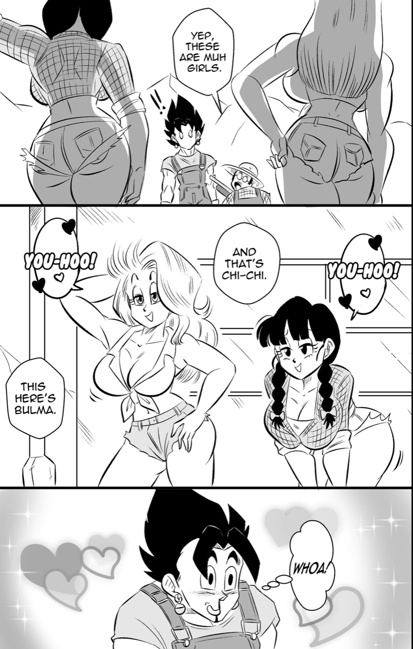 2boys 2girls big_ass black_and_white bulma_briefs bulma_briefs_(post_saiyan_saga) chichi cleavage comic cutoffs daisy_dukes dragon_ball dragon_ball_super dragon_ball_z farmer farmer_with_a_shotgun funsexydragonball hips in_love monochrome seductive seductive_look vegito