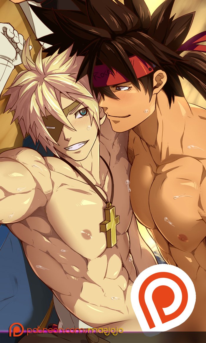 2boys abs arc_system_works biceps blonde_hair blue_eyes bodily_fluids brown_hair cross gay grandfather_and_grandson guilty_gear headband incest looking_at_another male male_only mazjojo muscular_male necklace patreon_logo patreon_username pecs penis sin_kiske smile smiling_at_another sol_badguy yaoi