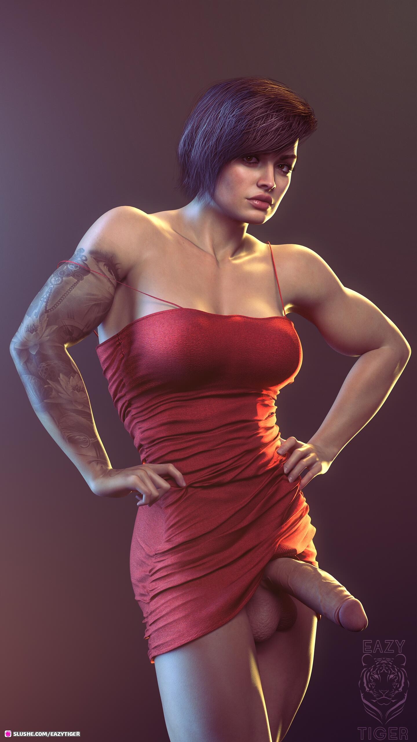 1futa, 3d, bottomless, clothed, clothing, dress, eazytiger, female, futa only, futanari, intersex, mostly clothed, muscular, muscular female, pin-up, short hair, slushe (website), solo, tattoo, yanne lopez (eazytiger)