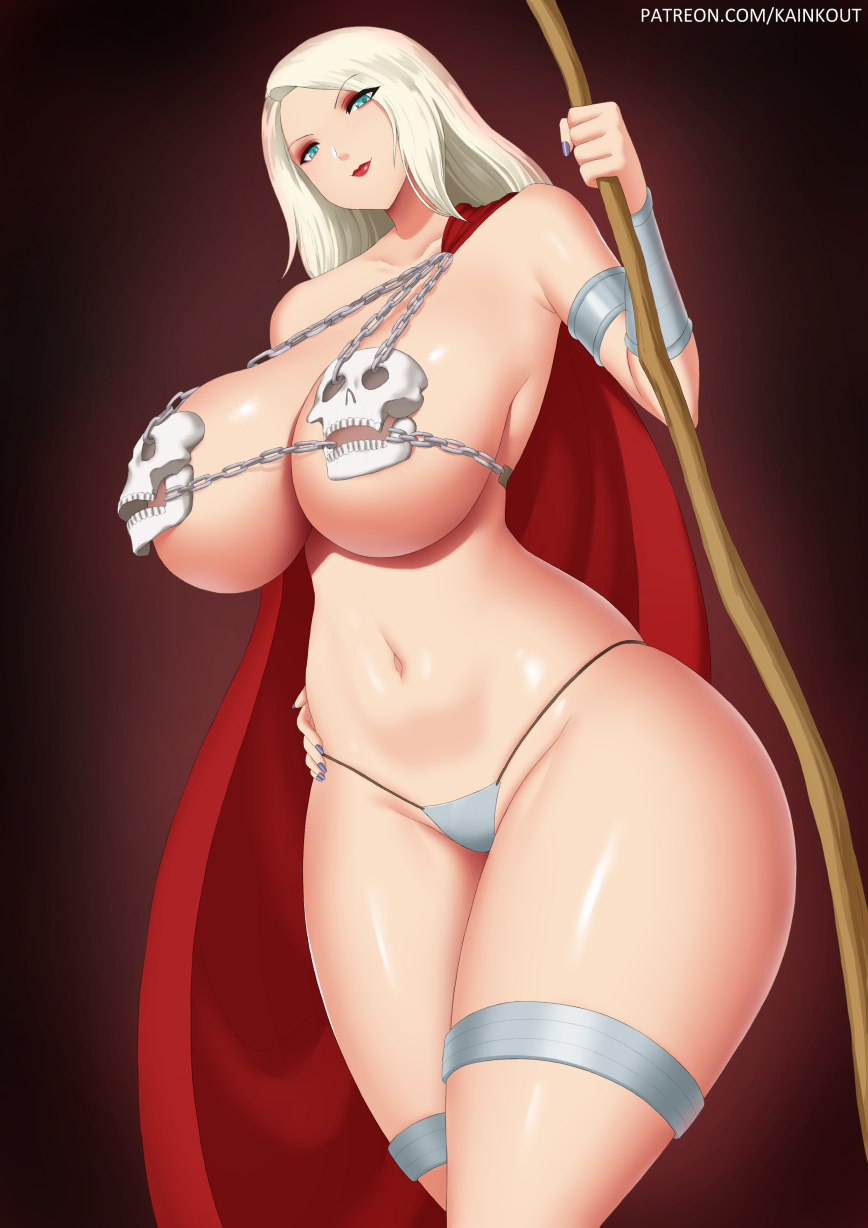 1girls blue_eyes cape character_request huge_breasts kainkout long_hair panties skull_pasties staff thick_thighs thong voluptuous white_hair